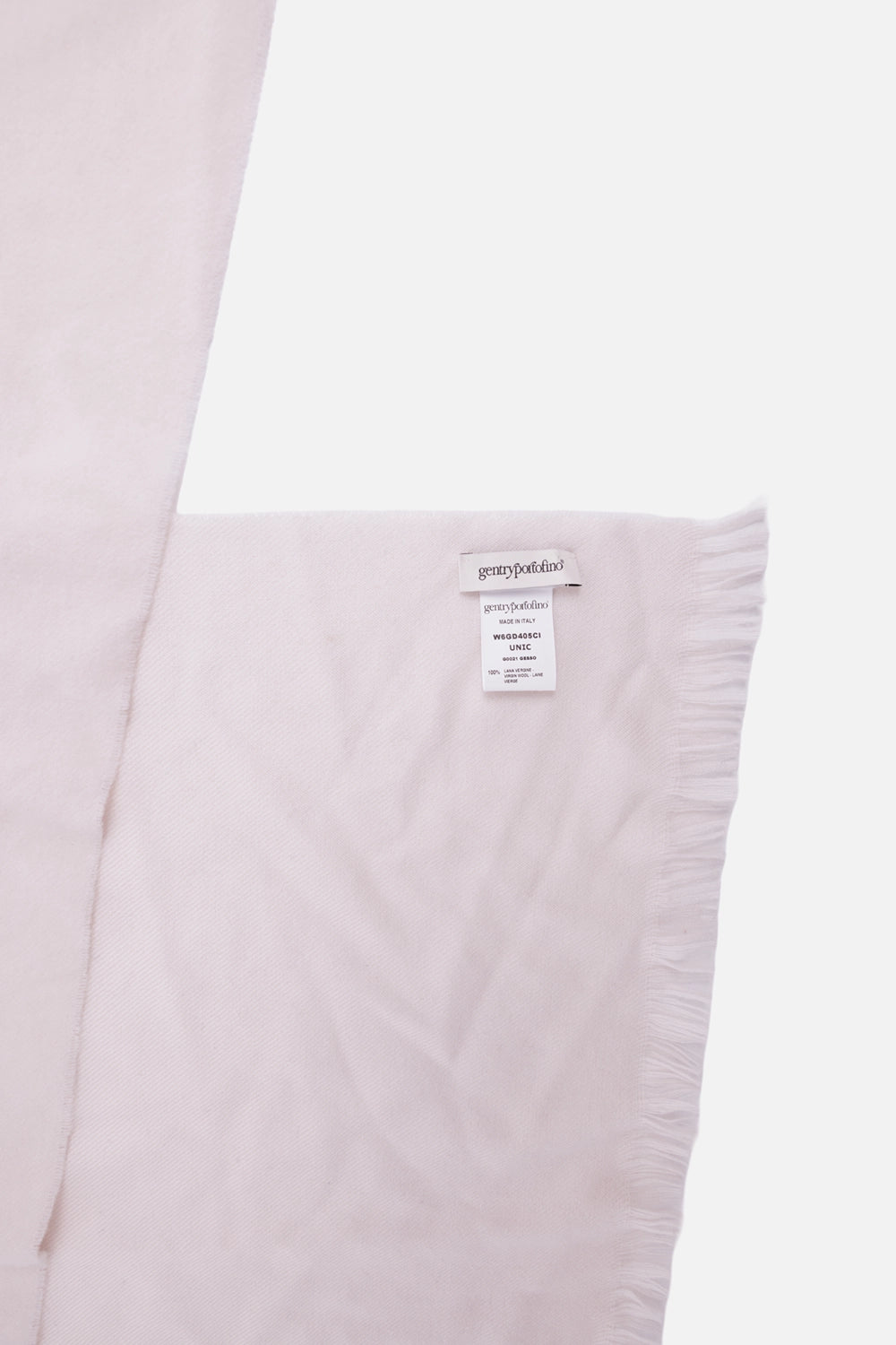 Gentry Portofino unisex scarf in Gesso, label detail with fine wool weave and fringed edge