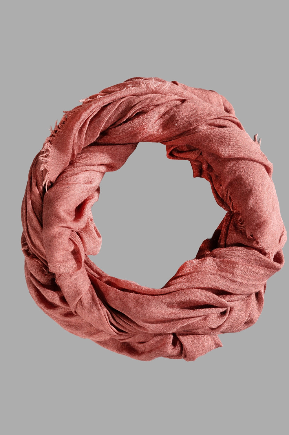 Rick Owens scarf in rosewood, front view with frayed edges and soft sheen