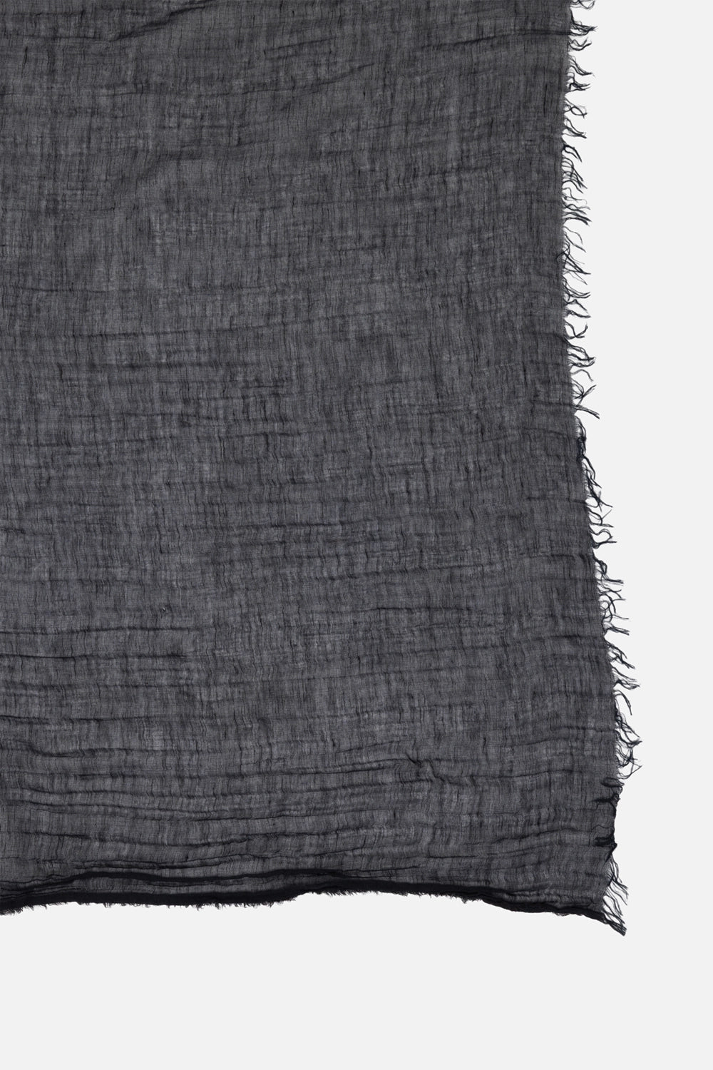 Rick Owens unisex scarf in sand, fabric close-up, crinkled semi-sheer weave with frayed border