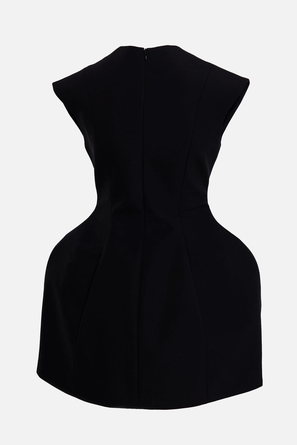 A.W.A.K.E. MODE women's mini dress in black, back view, center zip and sculpted hip panels