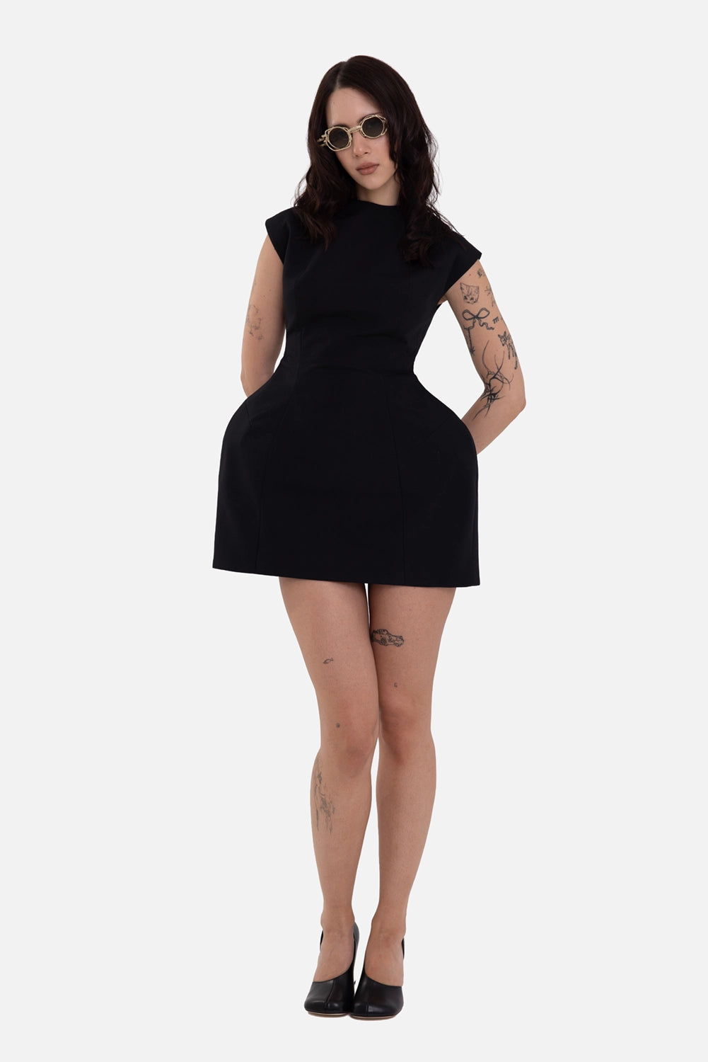 A.W.A.K.E. MODE women's mini dress in black, on-model full length, sculpted hips and cap sleeves
