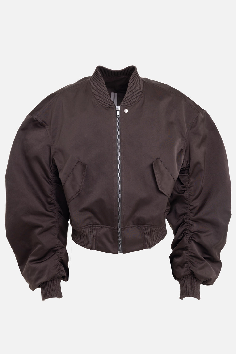 Rick Owens men's bomber jacket in dark dust, front view with ruched sleeves and silver center zipper