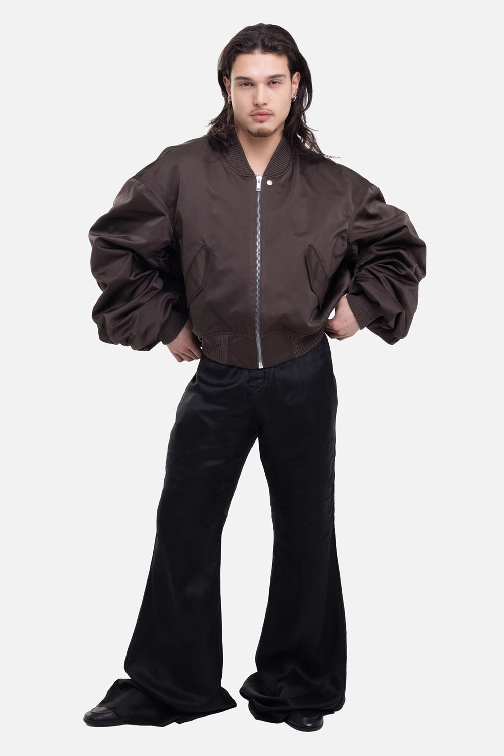 Rick Owens men's bomber jacket in dark dust, on-model full-length view with cropped fit and oversized sleeves