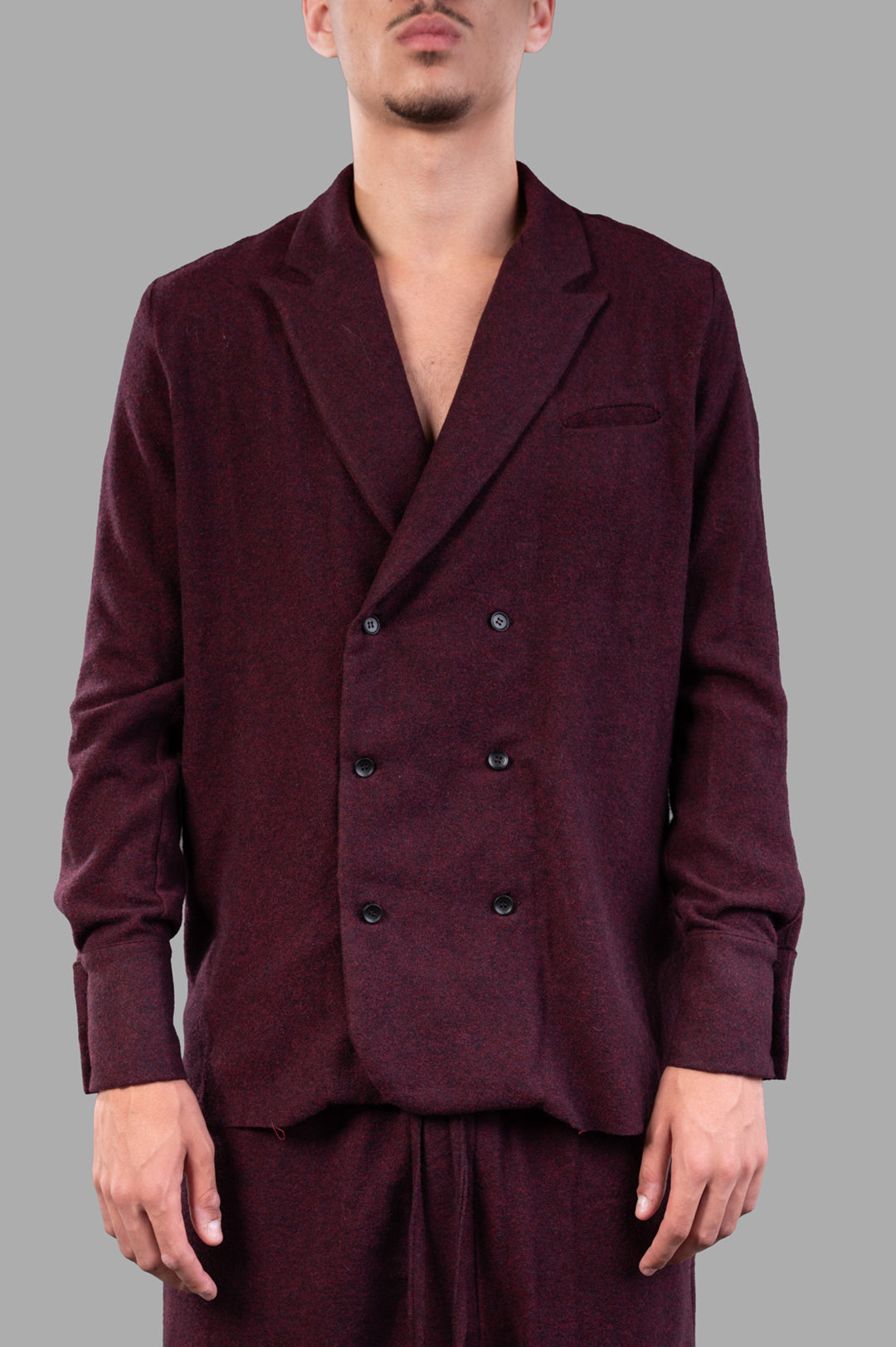 Marc Point Double-breasted Blazer in Burgundy, front view showcasing premium wool texture and refined design details.