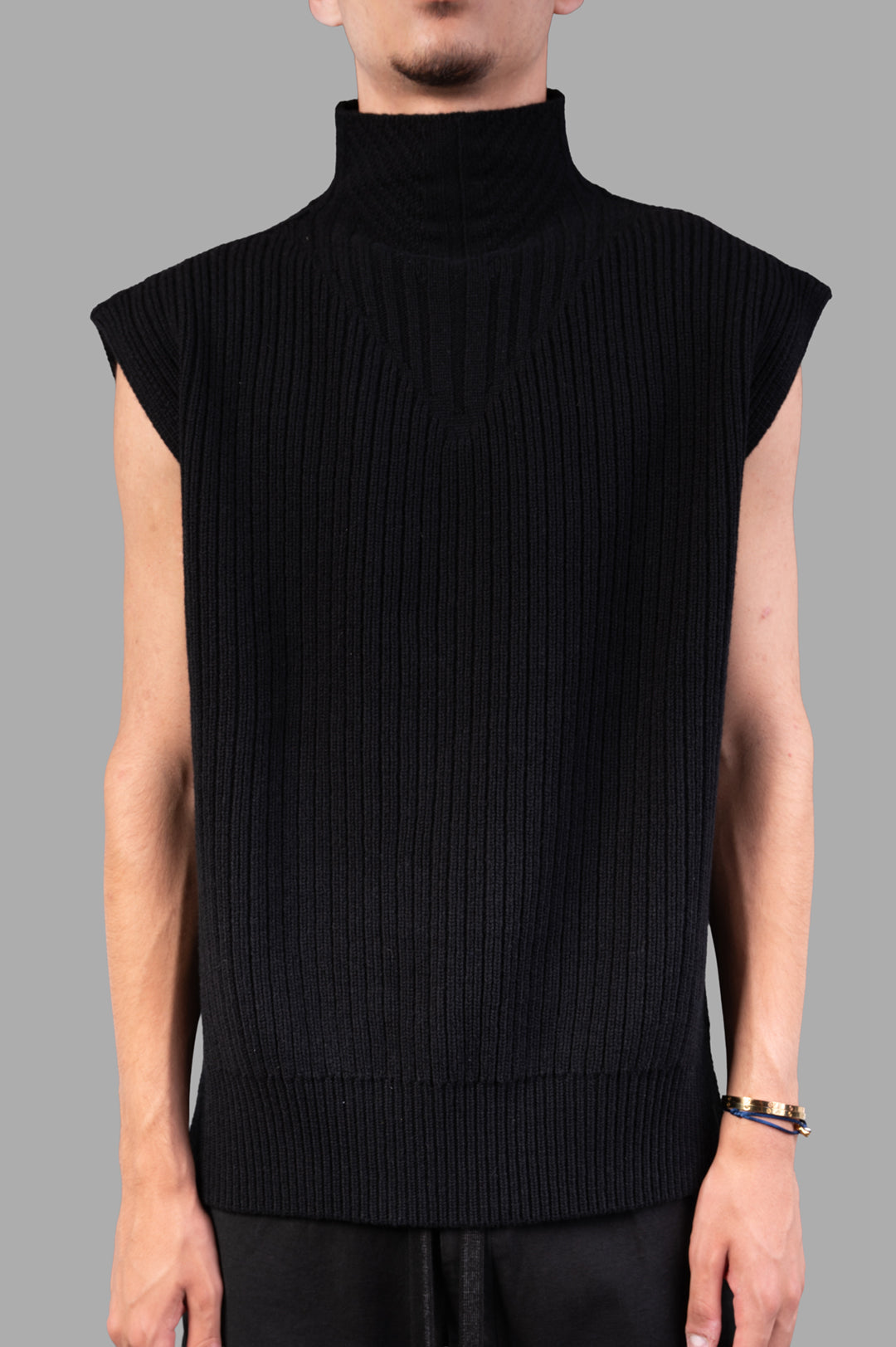 Rick Owens Concordians SL Fisherman Turtle in black, showcasing front view with ribbed turtle neck and structured fit.