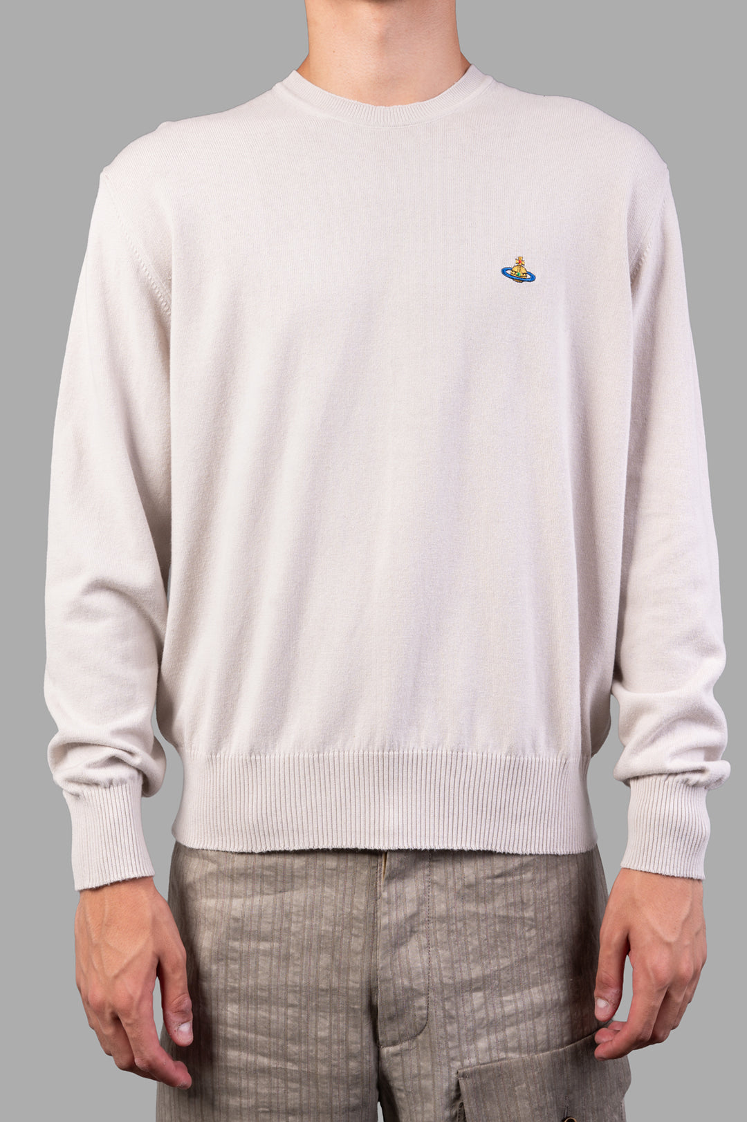 Vivienne Westwood Cream Orb-embroidered Jumper features a ribbed crewneck and cuffs, showcasing the embroidered logo in dusty white.