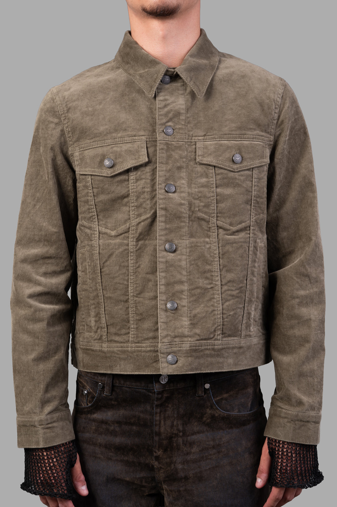 Zadig & Voltaire Corduroy Shirt Jacket in olive green, front view showcasing button closure and chest flap pockets.