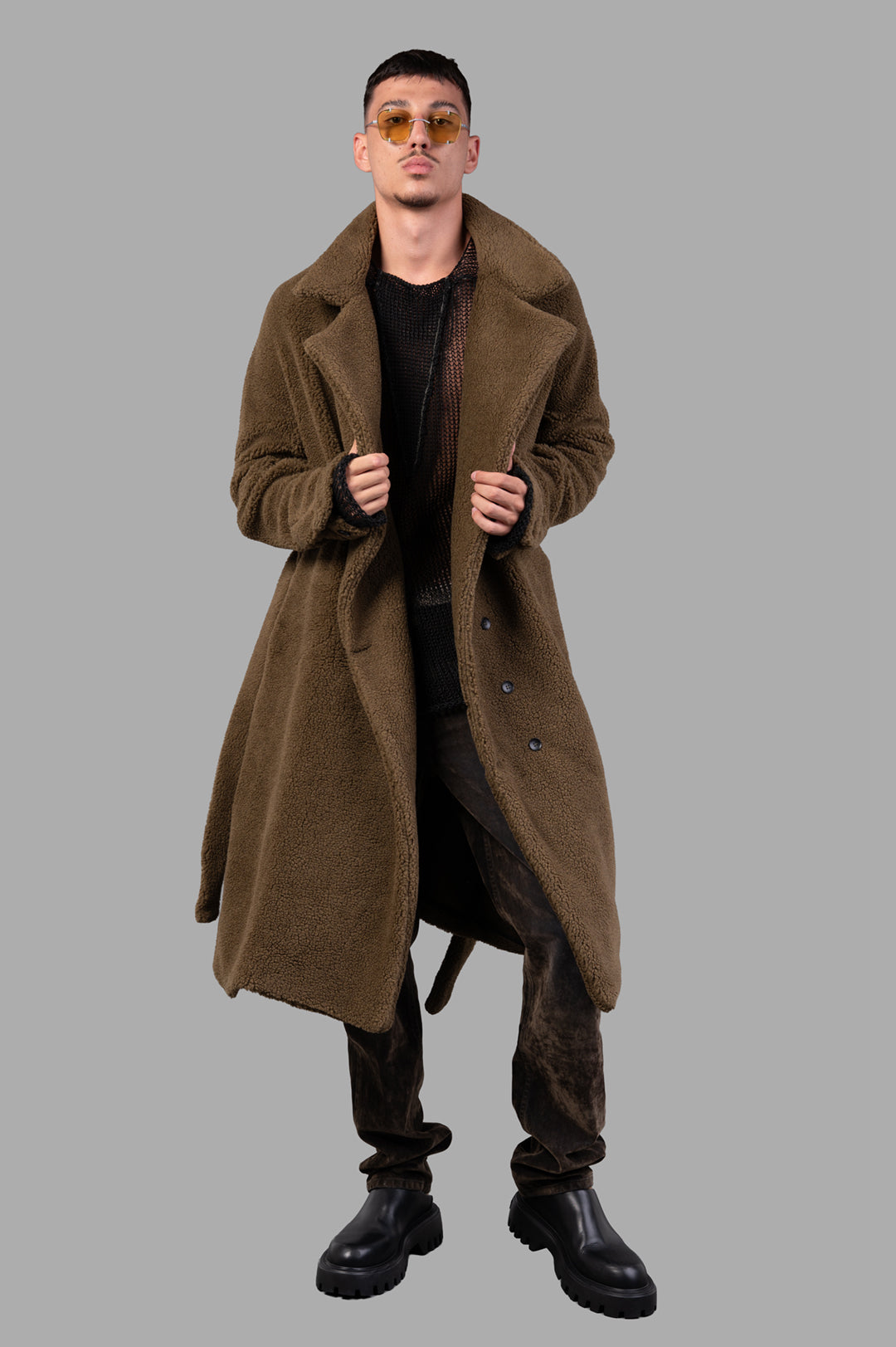 Marc Point Double-breasted Teddy Bear Coat in green, front view on model, featuring wide lapels and belt.