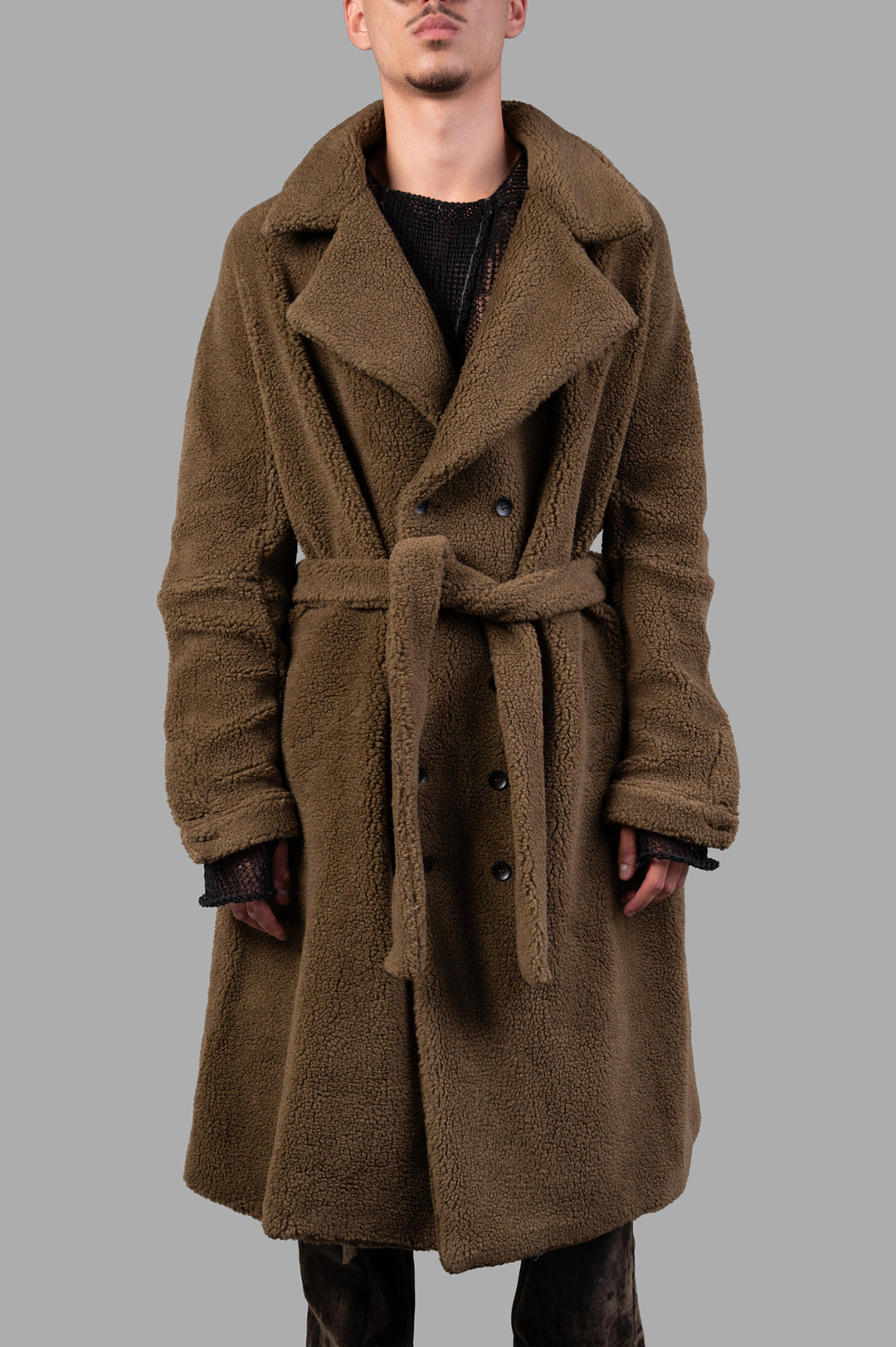 Marc Point Double-breasted Teddy Bear Coat displayed on model showcasing oversized fit and textured fabric in green.