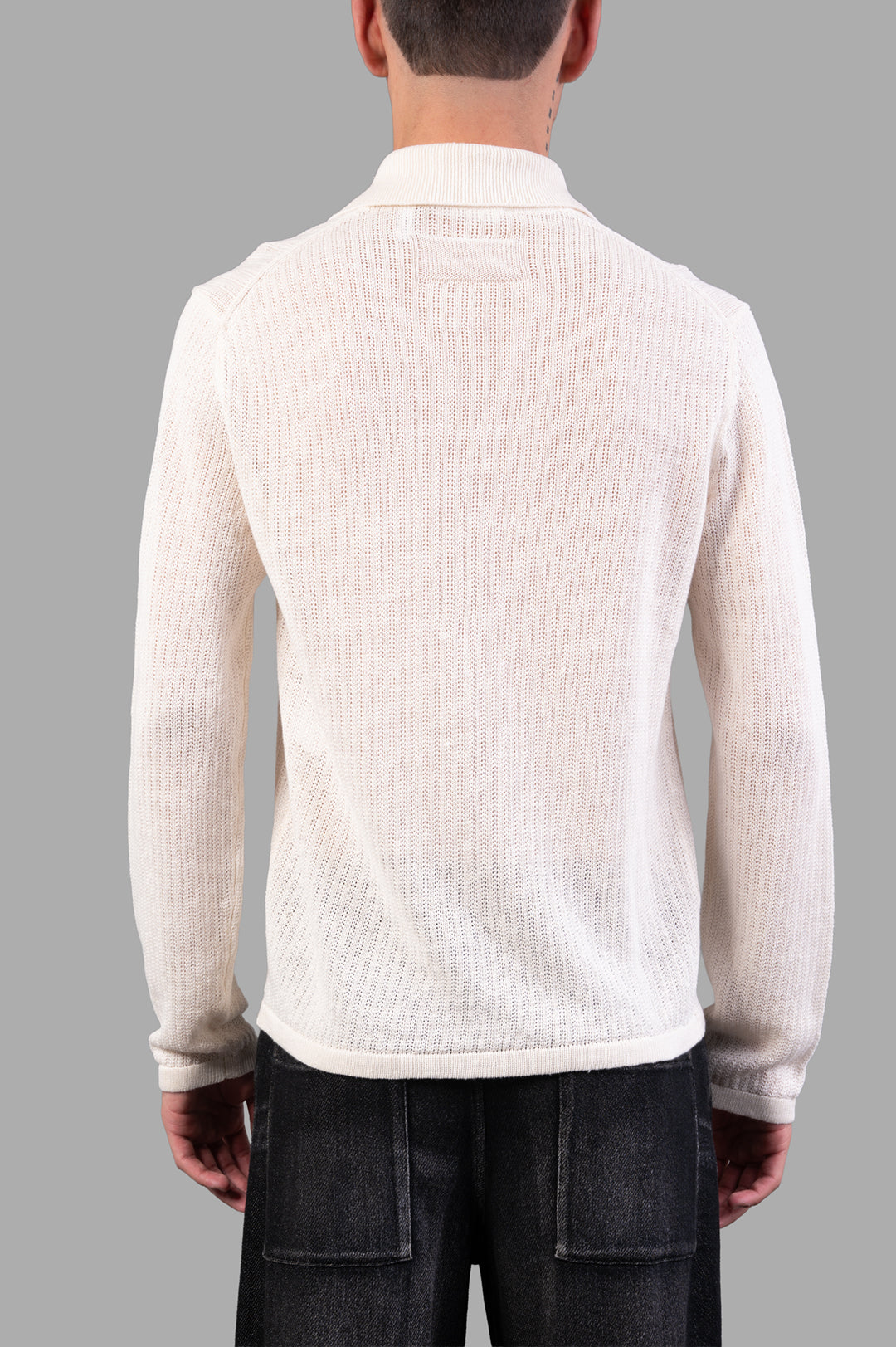 Helmut Lang Long-sleeve Zip Polo featuring a textured knit in white, shown from the back, made of 100% linen.