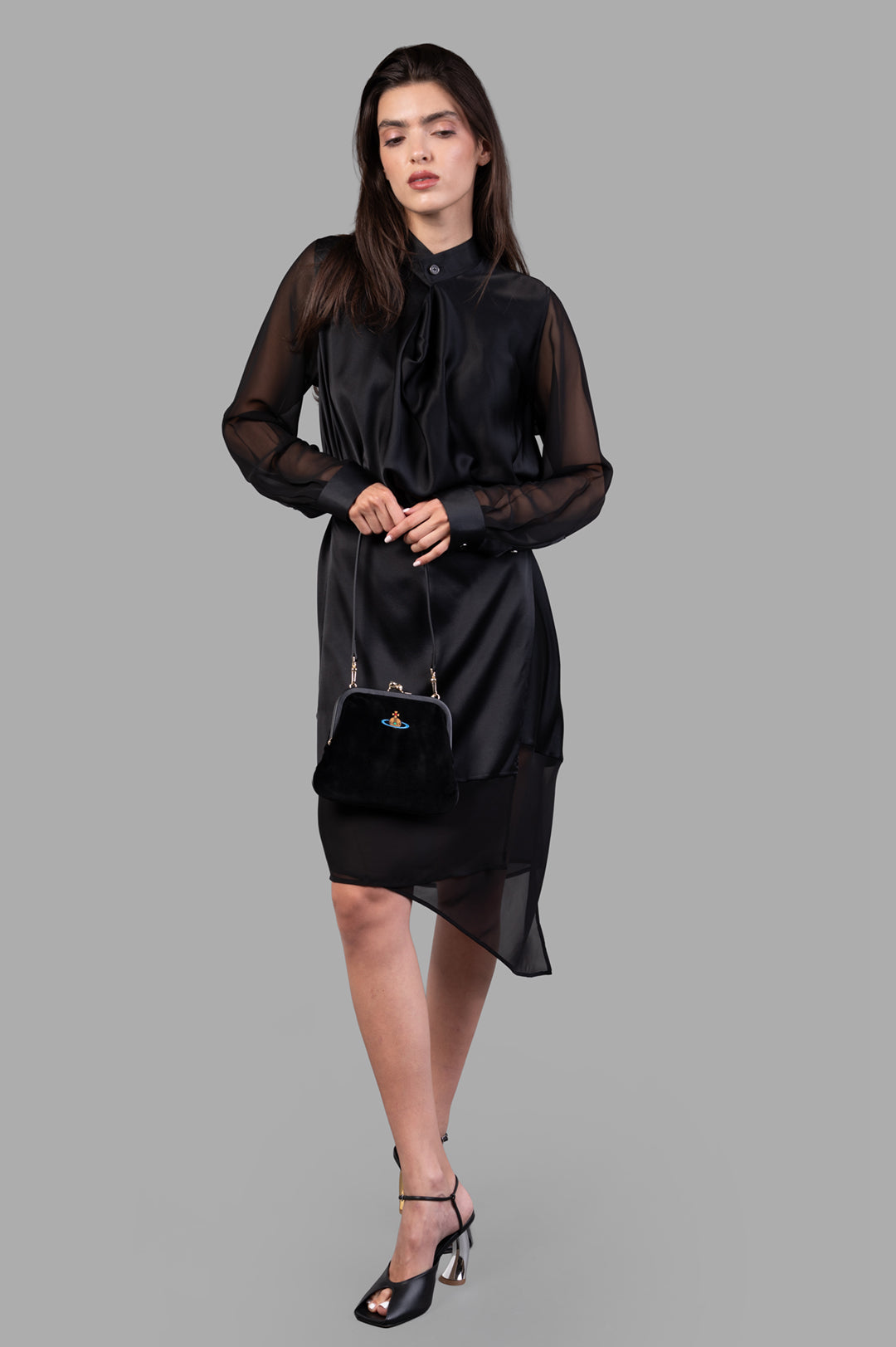 Helmut Lang Scarf Shirt Dress in black silk with sheer sleeves and handkerchief hem, front view on-model.