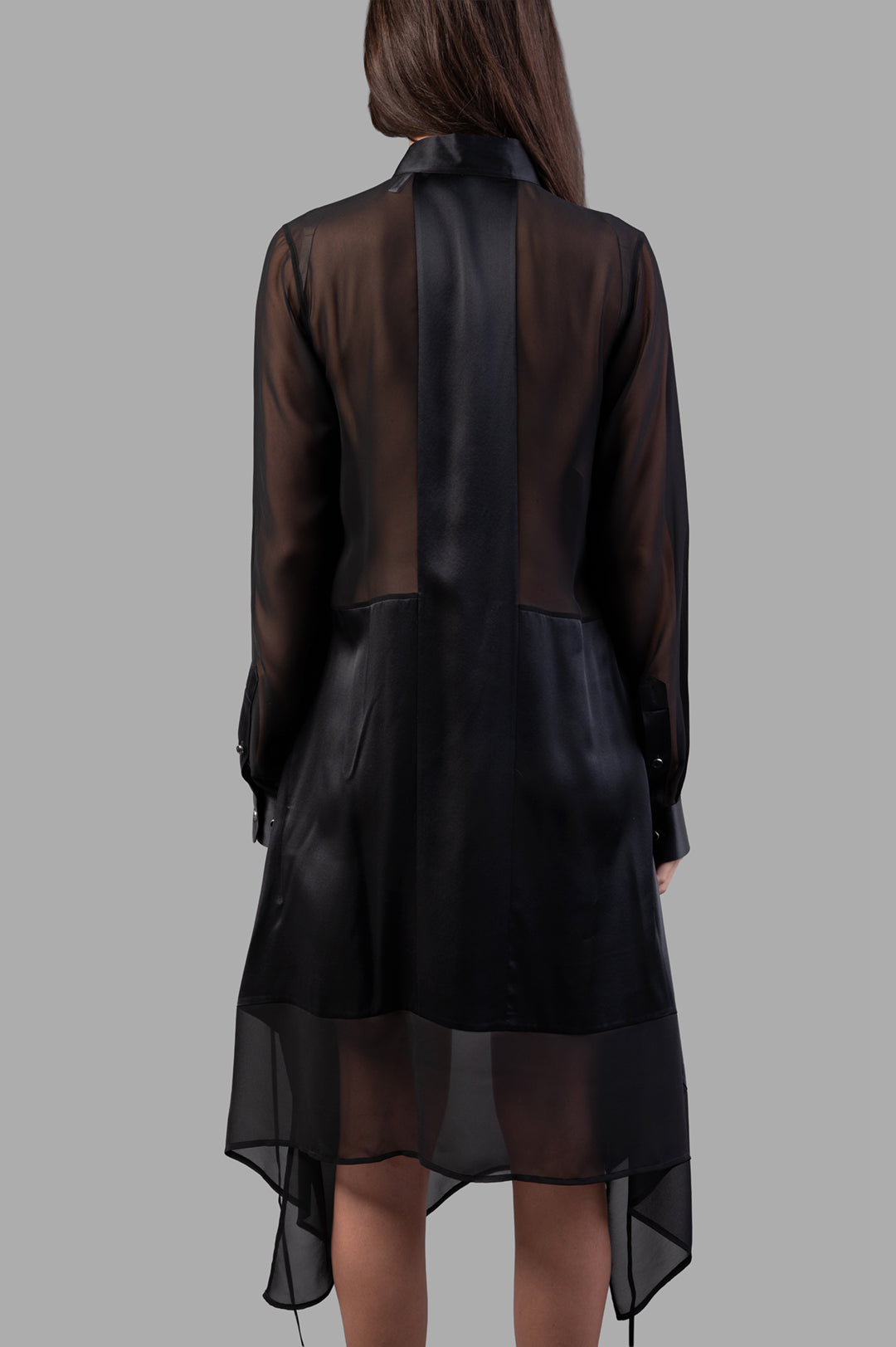Helmut Lang Scarf Shirt Dress features sheer sleeves and geometric back panel, shown from the back, highlighting silk blend.