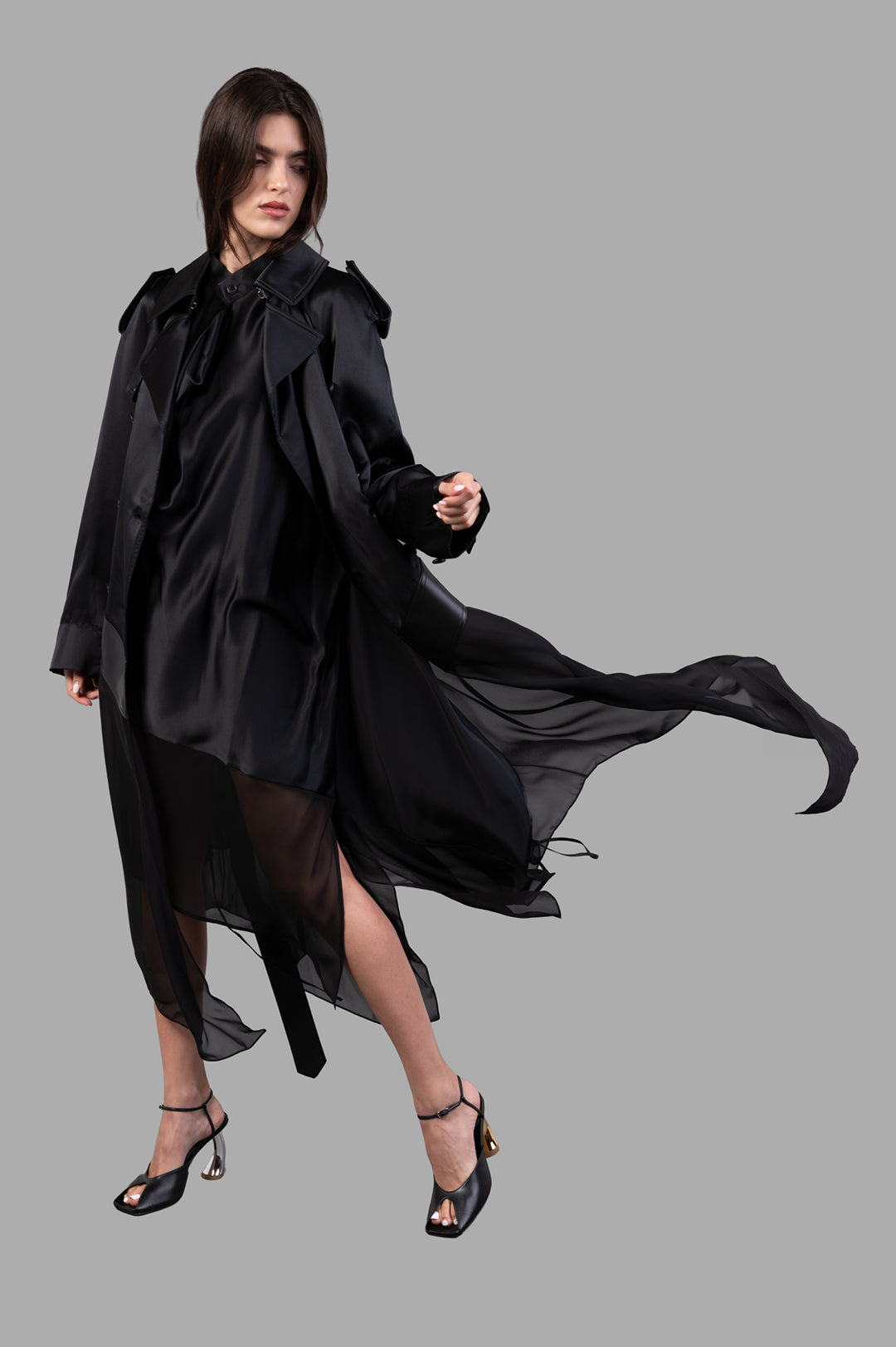 Helmut Lang Scarf Trench coat shown from the front, featuring sheer chiffon hem and silk fabric in black on-model.