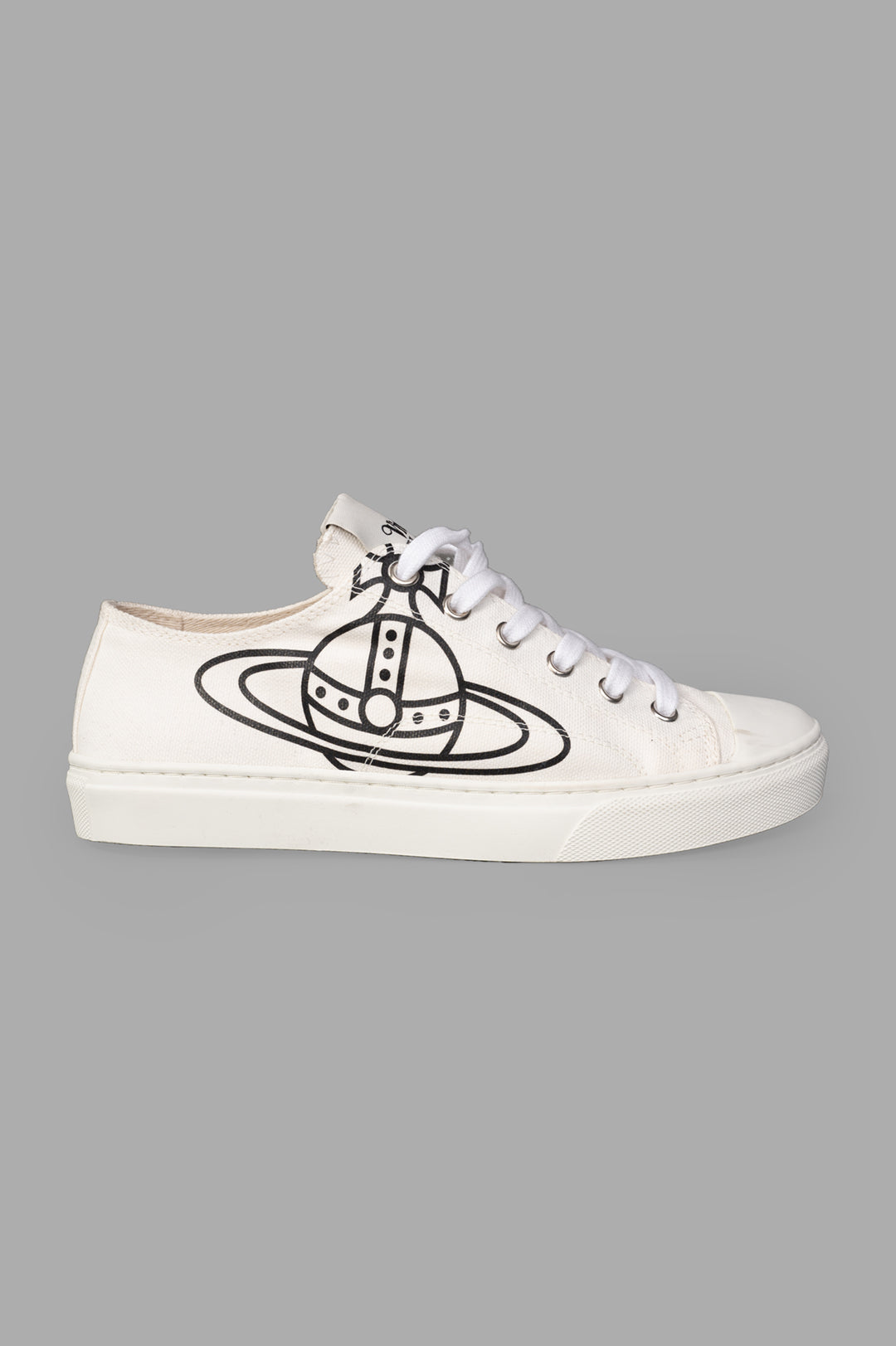 Vivienne Westwood Plimsoll Low Top Canvas Sneakers, side view in white canvas with bold logo, featuring laces.