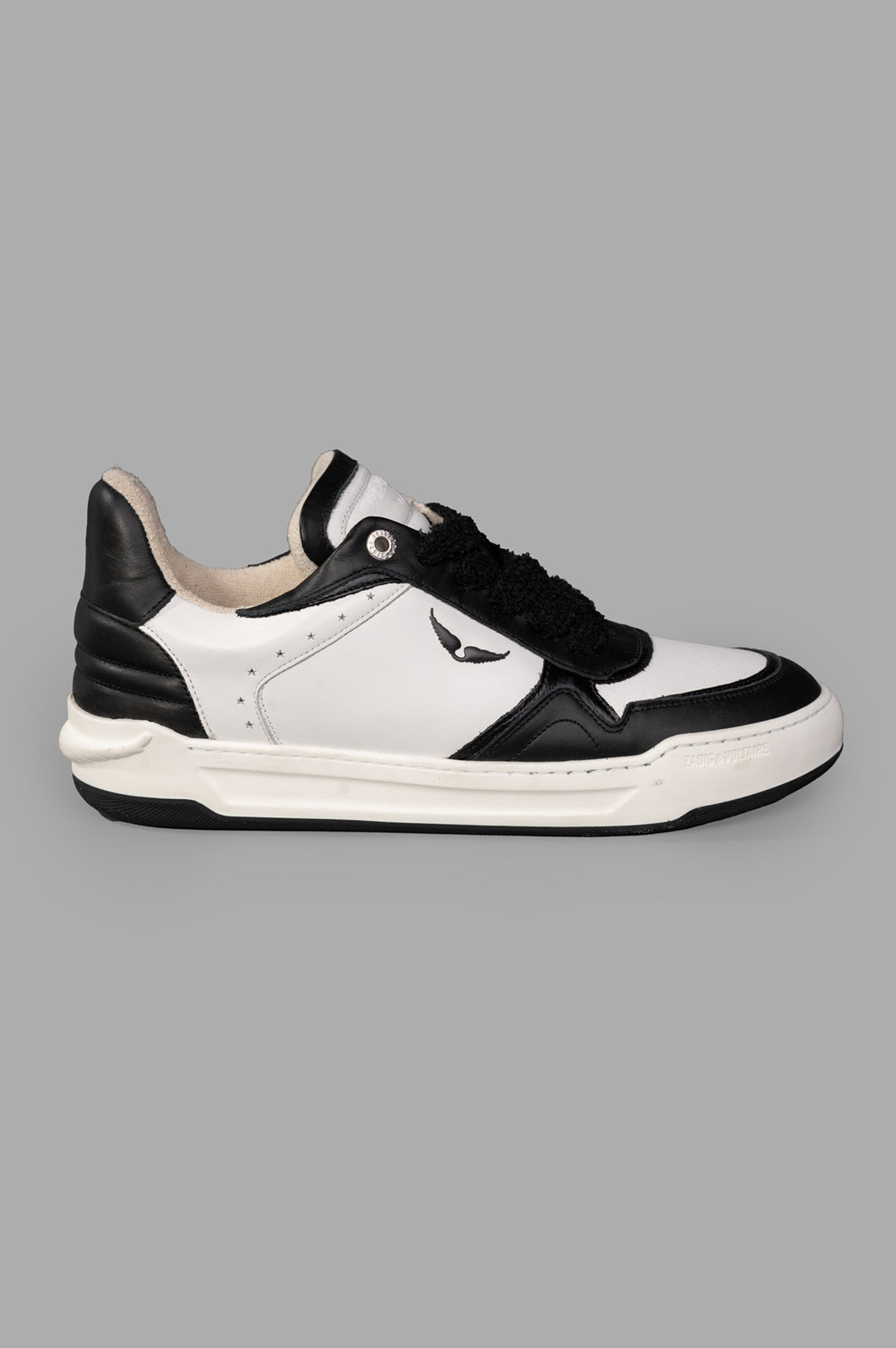Zadig & Voltaire Low-Top Wings Trainers, side view in smooth white and black leather with wing details, eco-friendly design.