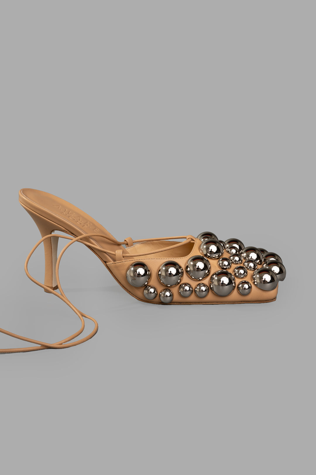A.W.A.K.E. MODE Evening Embellished Shoes, side view, adorned with silver and gold spheres, leather square-toe sandal.