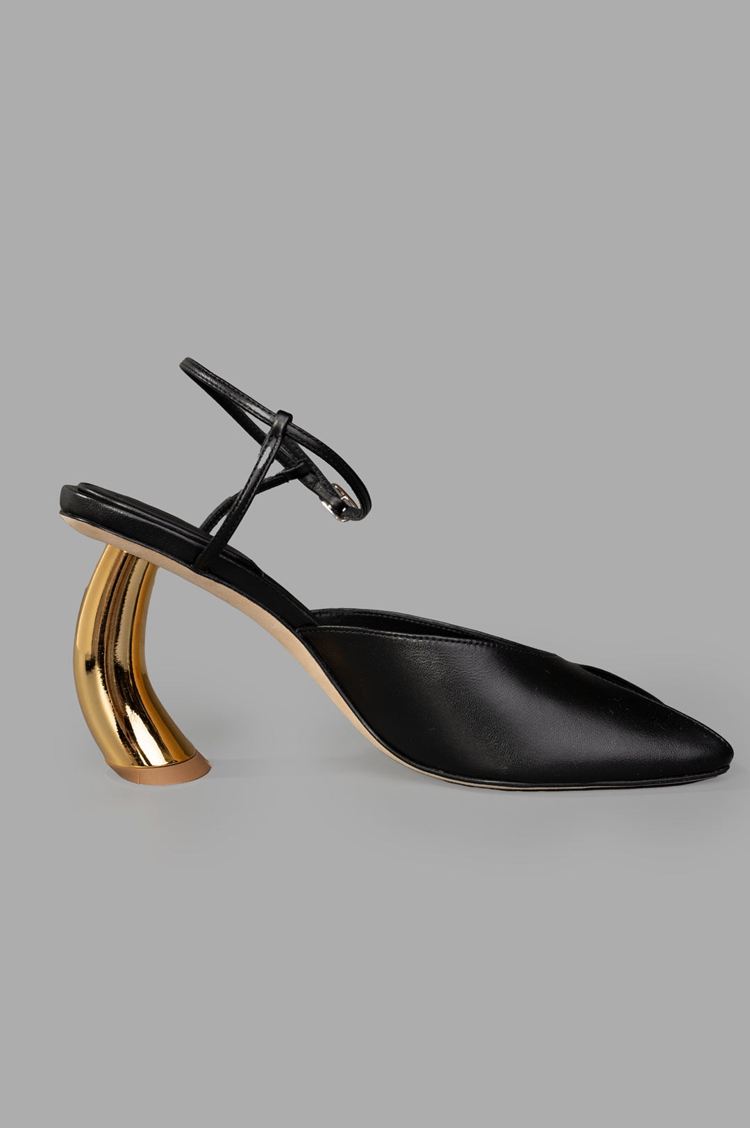 A.W.A.K.E. MODE. Giustine Leather Sandals side view showcasing sleek Nappa leather, square toe, and unique gold heel.