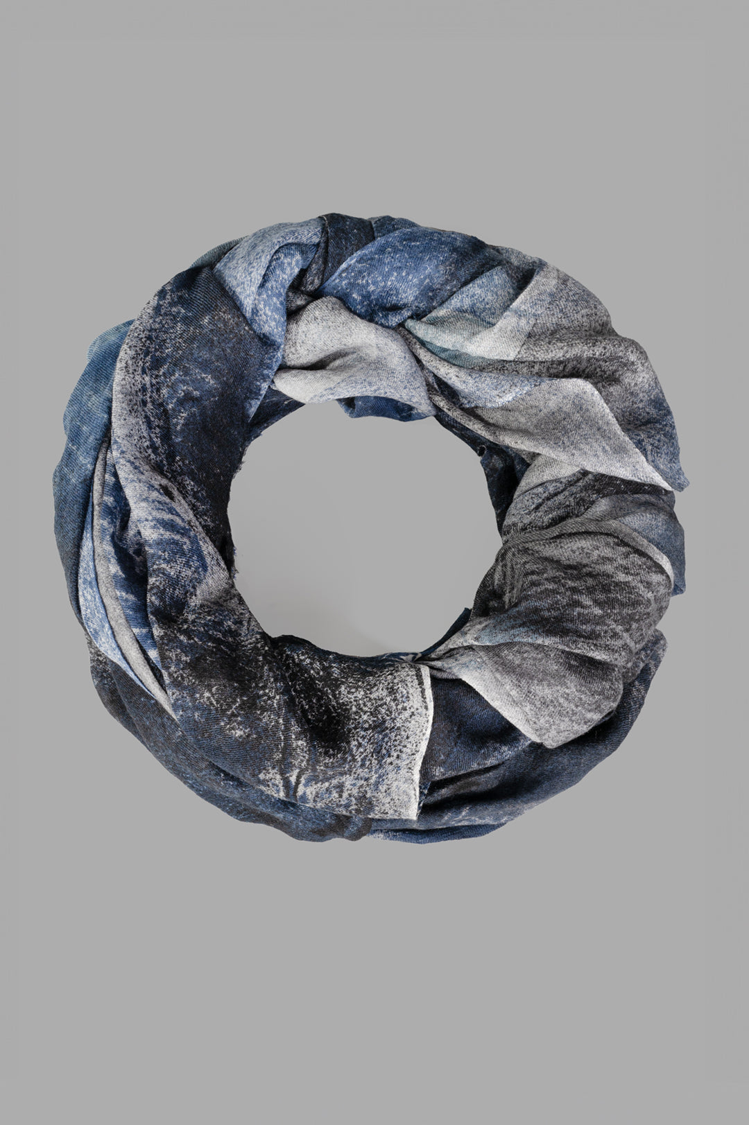 Avant Toi Graphic-print Scarf in Blue, close-up of all-over graphic print with frayed edges, wrapped style.