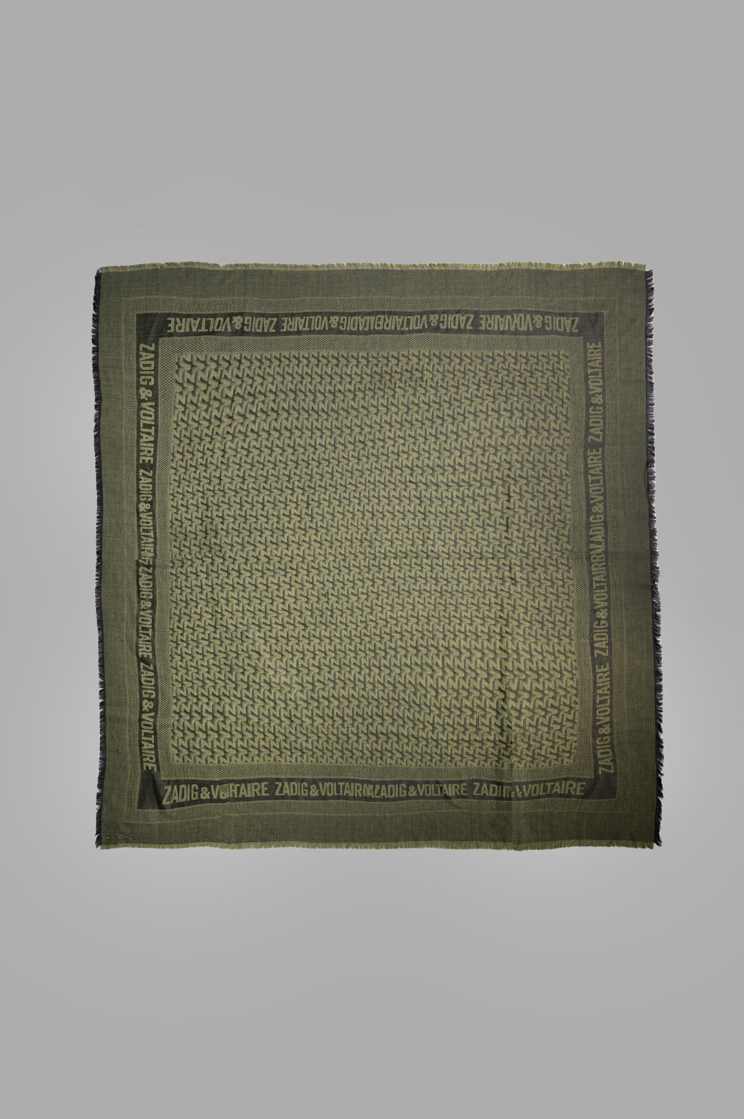 Zadig & Voltaire Initials Glenn Scarf in olive green, oversized jacquard design featuring ZV monogram, textured edges.