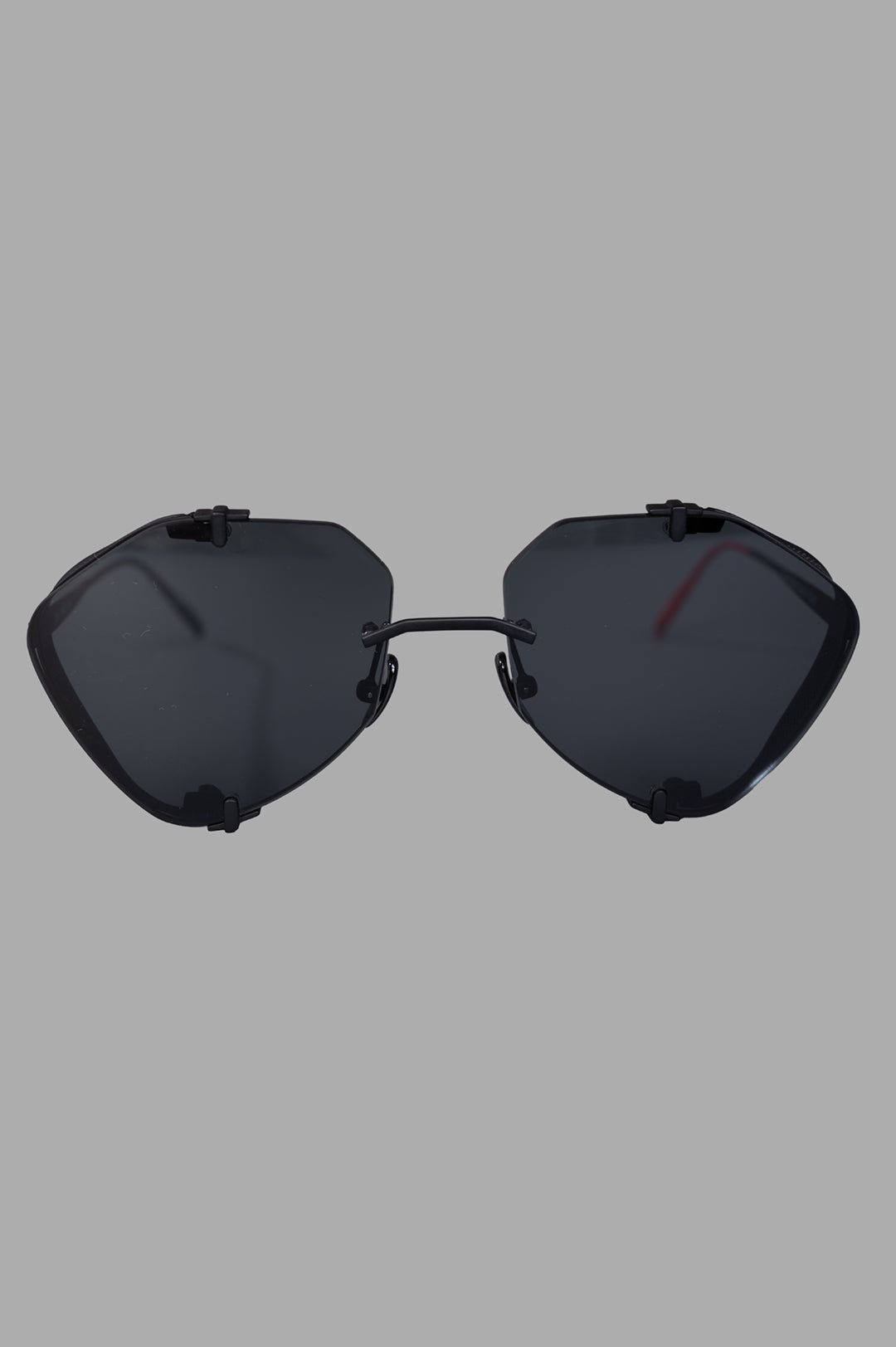Vysen Eyewear The Khoid - KH1 rimless aviator sunglasses, front view, black matte titanium frame, black lenses.