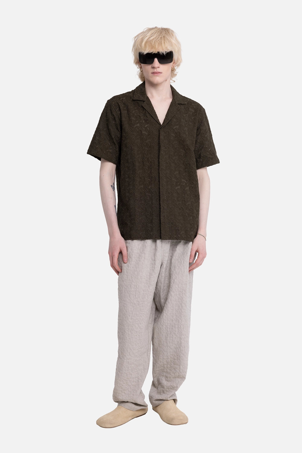 Orlebar Brown men's trousers in Light Dijon, on-model full-length, seersucker texture and drawcord waist