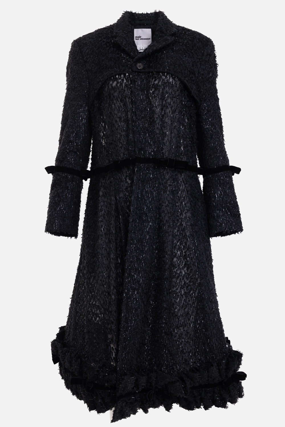 Noir Kei Ninomiya women's coat in black, mannequin front view, velvet bow bands and buttoned collar