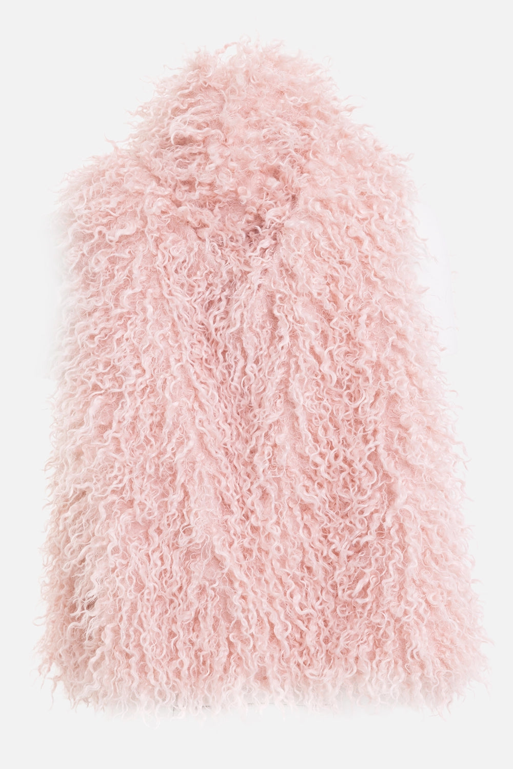 Norma Kamali women's shaggy vest in Ballet Pink, back view with dense curly faux fur and rounded collar
