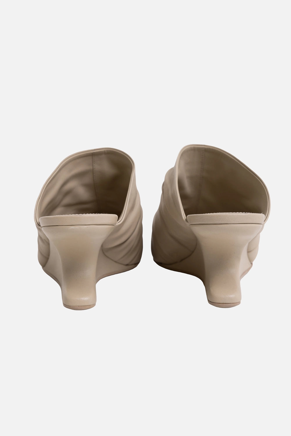 Rick Owens women's sharp sabot mules in Sand, back view, open backs and curved cantilever heels