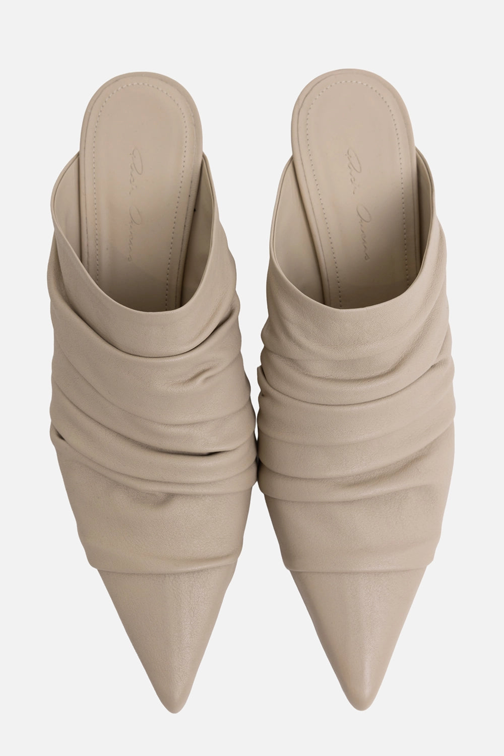 Rick Owens women's sharp sabot mules in Sand, top view, pointed toes and ruched leather uppers