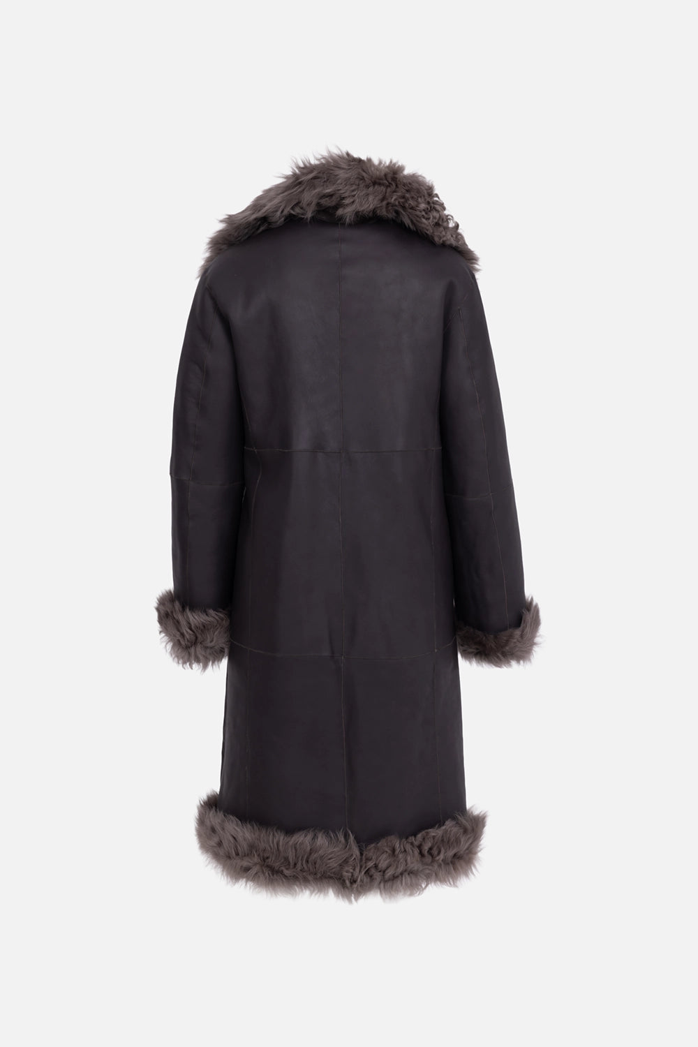 Helmut Lang women's shearling coat in grey, back view, smooth leather reverse with shearling hem trim
