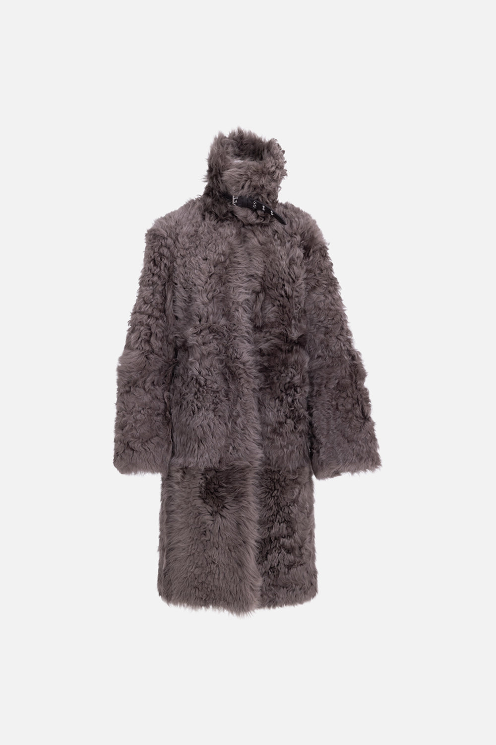 Helmut Lang women's shearling coat in grey, front view, wide collar with curly shearling finish