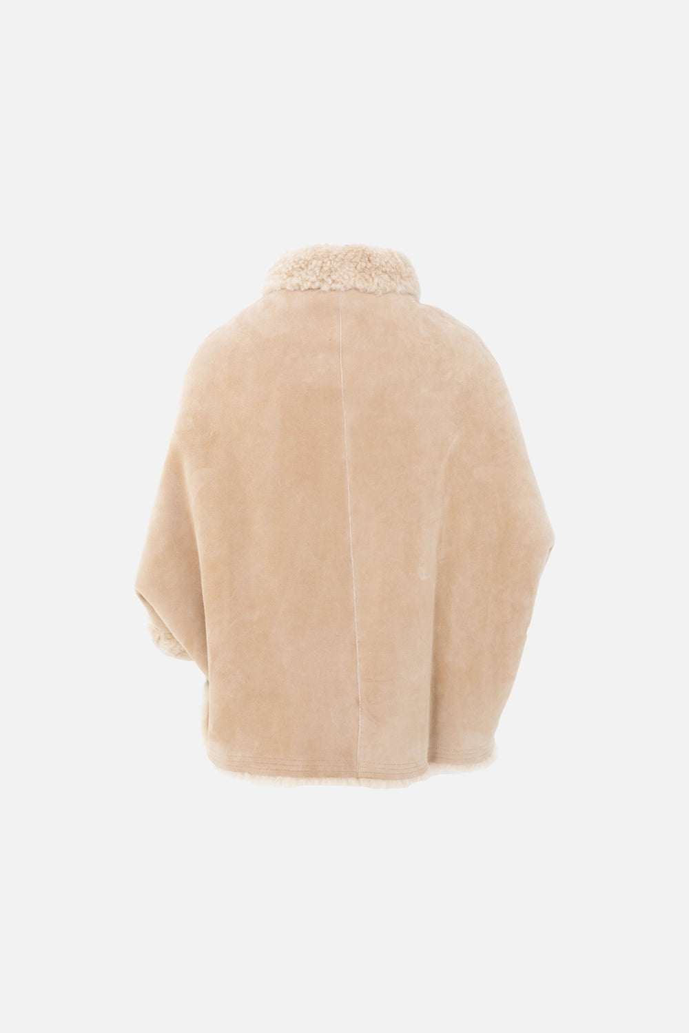 Pre-owned Gentry Portofino shearling jacket in camel, back view, shearling collar with relaxed cape silhouette