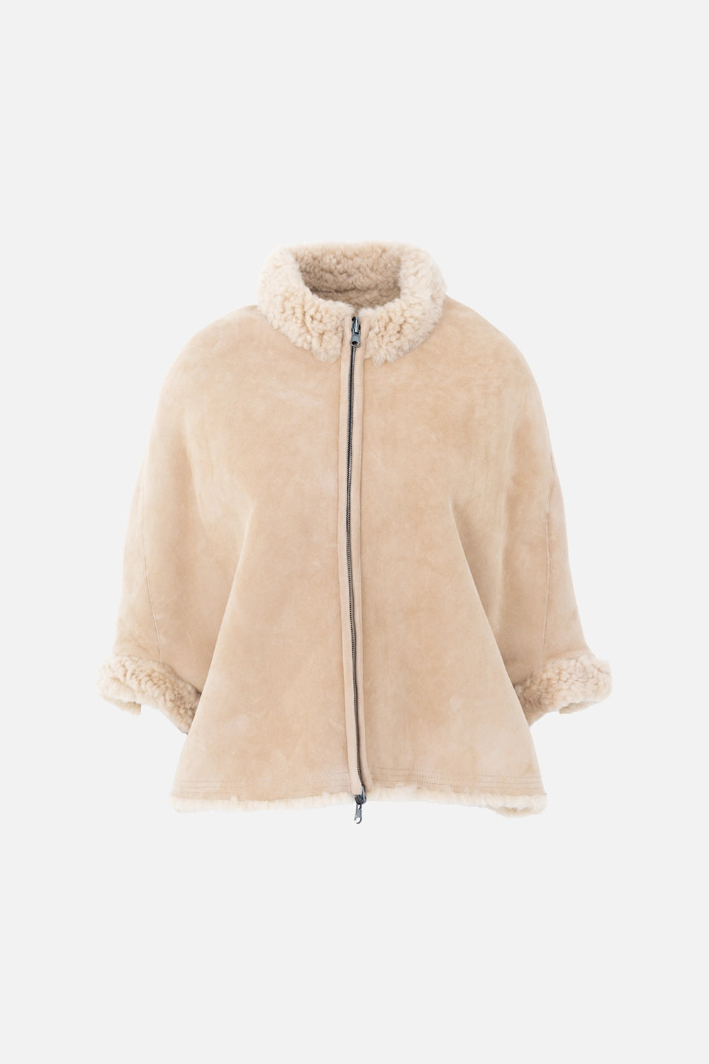 Pre-owned Gentry Portofino shearling jacket in camel, front view, zip closure with shearling collar and cuffs