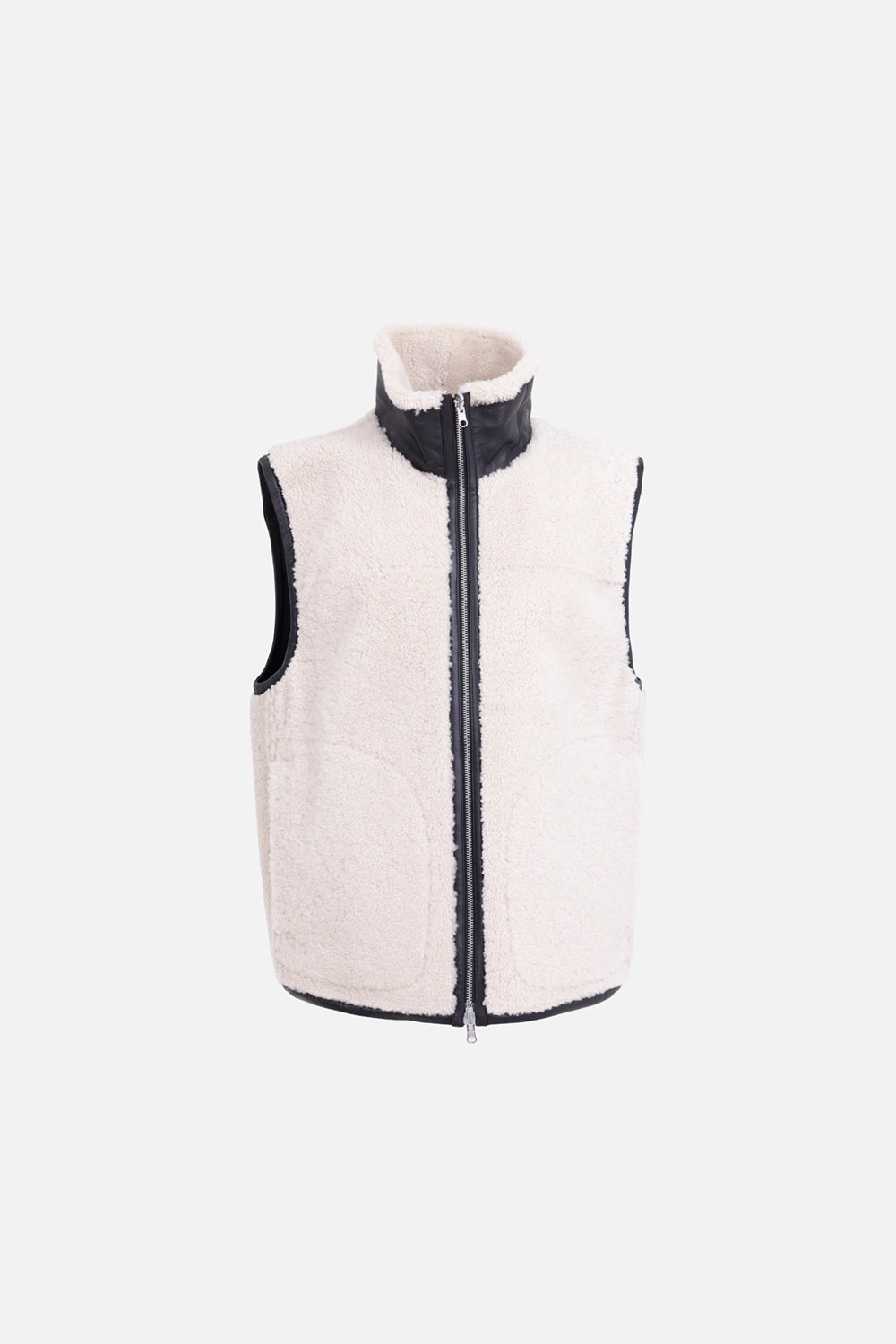 Helmut Lang men's shearling vest in cremello/black, front view, black leather face with curved front patch pockets