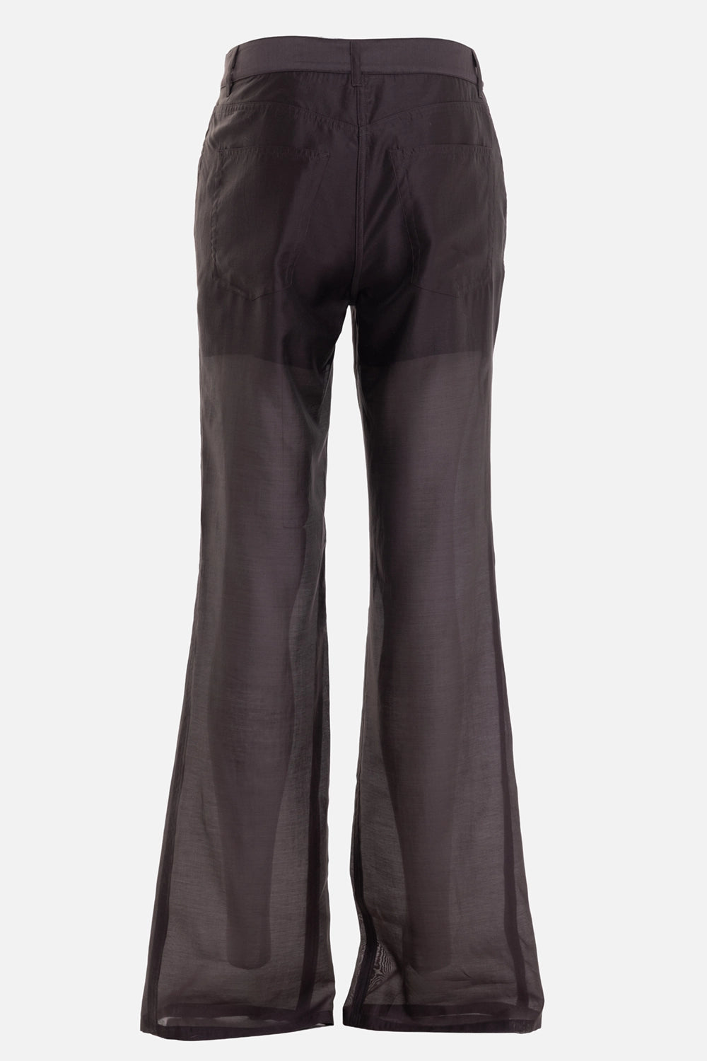 Helmut Lang women's trousers in Bistre, back view with rear patch pockets and sheer bootcut legs