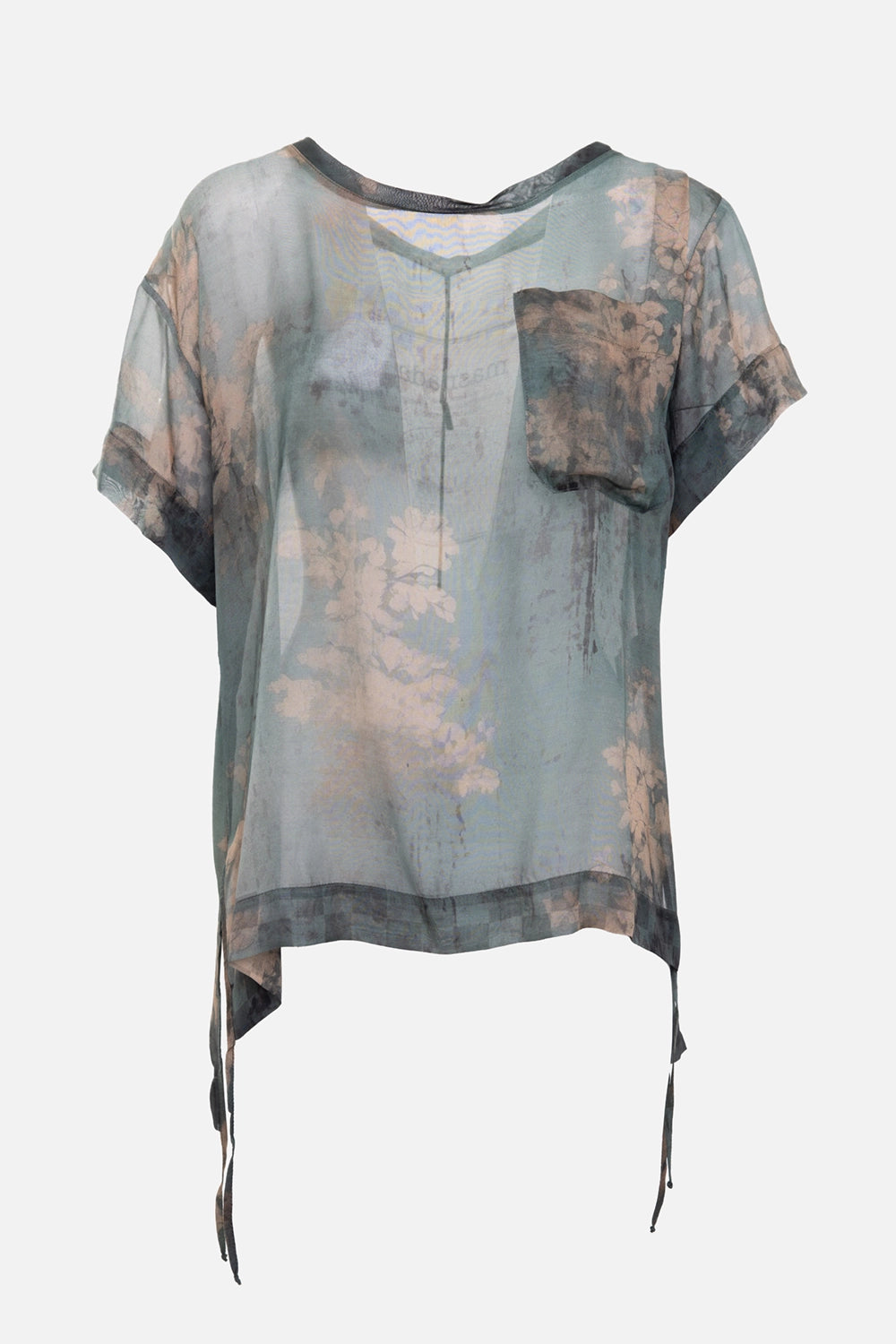 Masnada women's sheer T-shirt in eau du nil grey, front view, chest pocket and dark bound hem