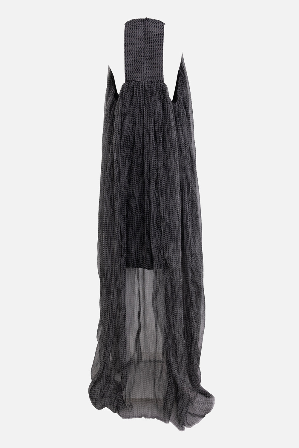 Giovanni Cavagna women's sheer halter dress in white/black, back view, open shoulders and sheer checked train