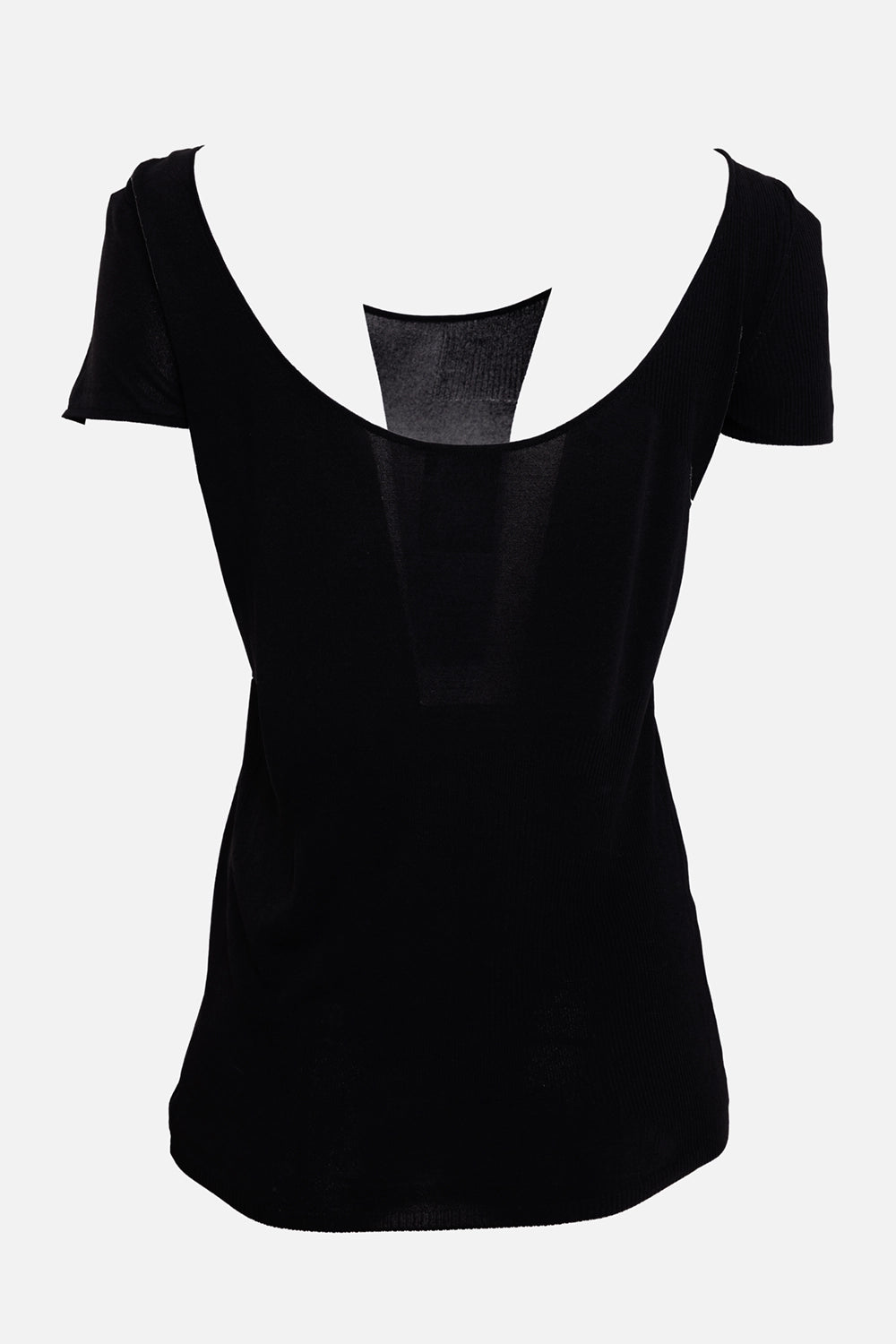 Chanel women's sheer knit top in black, back view, scoop neckline and translucent center panel