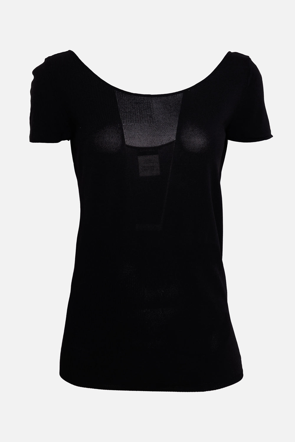 Chanel women's sheer knit top in black, front view, short sleeves and tonal sheer panel