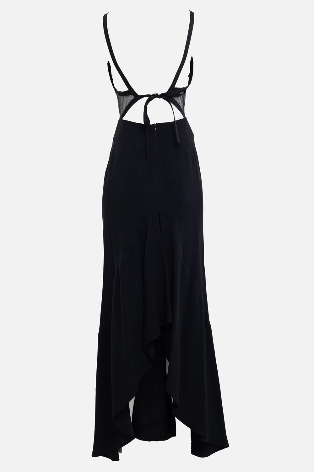 Sehnsucht women's mesh maxi dress in black, back view, open back and tie straps