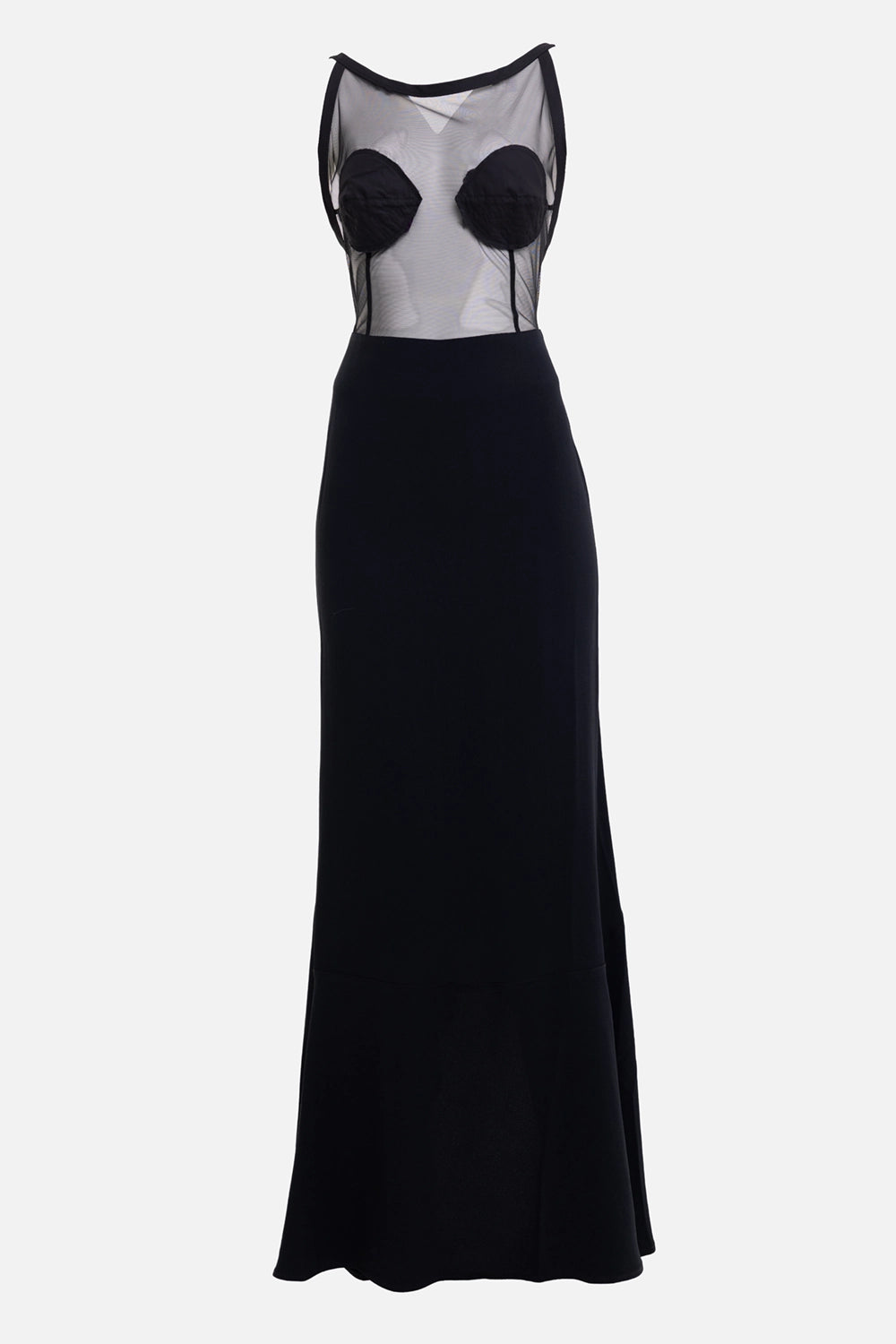 Sehnsucht women's mesh maxi dress in black, front view, sheer bodice and sculpted bust cups