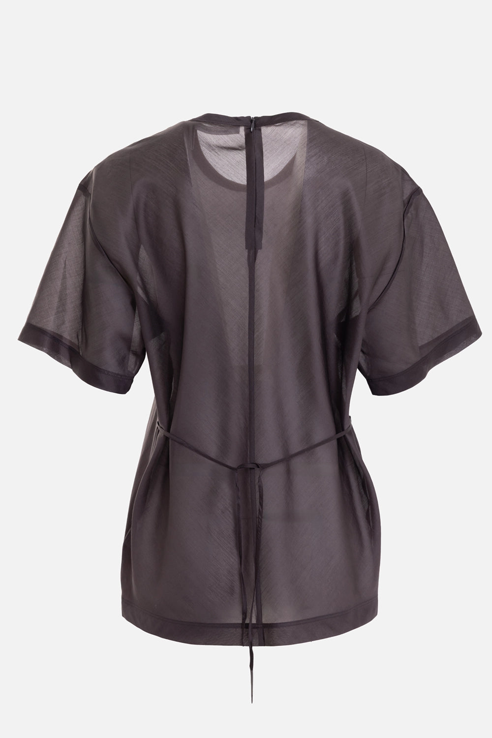 Helmut Lang women's tee in Bistre, back view with hidden zip and slim waist ties