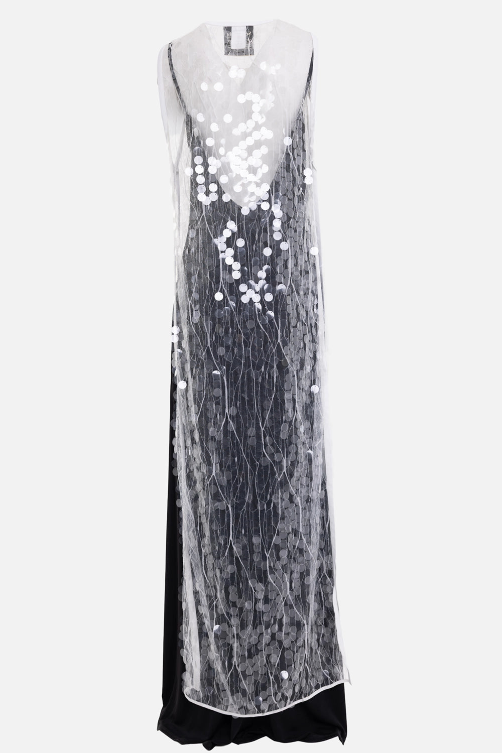Sehnsucht Atelier women's overlay dress in ivory, back view, sheer long panel with scattered disc sequins