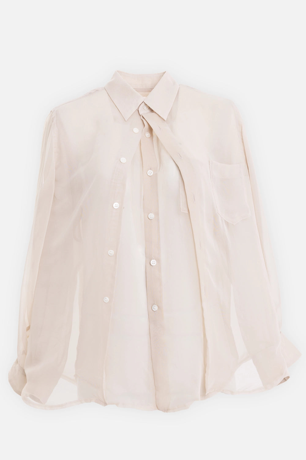 COMME des GARÇONS women's sheer shirt in beige, front view, white buttons and chest pocket on mannequin