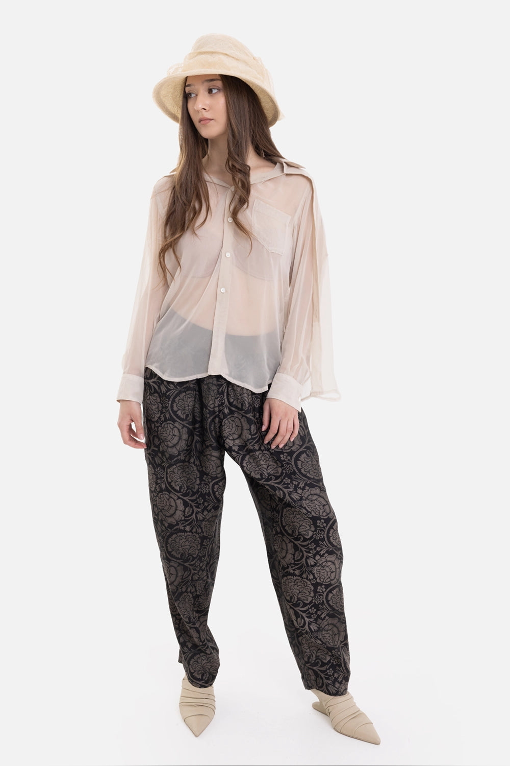 COMME des GARÇONS women's sheer shirt in beige, on-model full length, chest pocket and curved hem