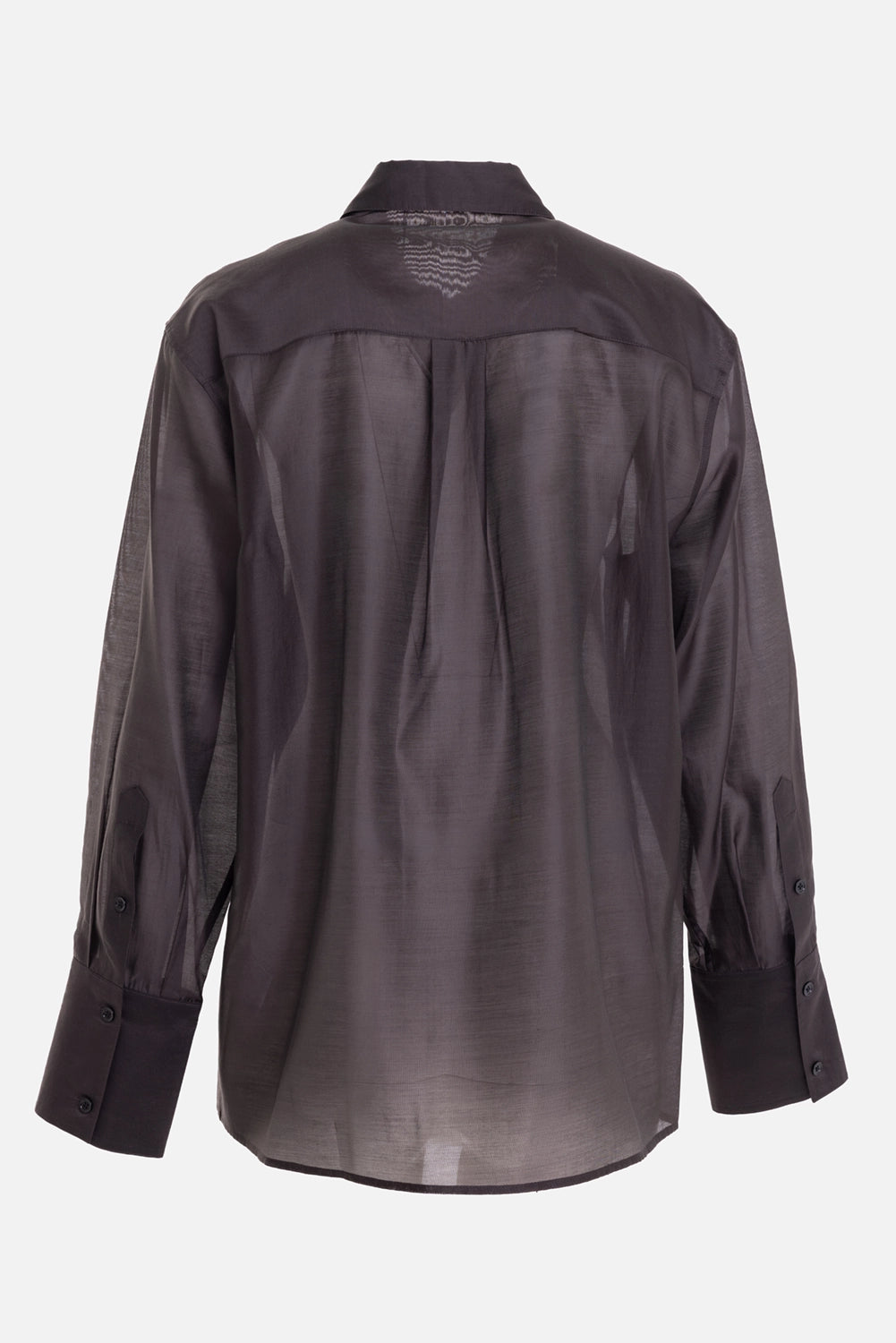 Helmut Lang women’s sheer shirt in bistre, back view, transparent voile and central back pleat