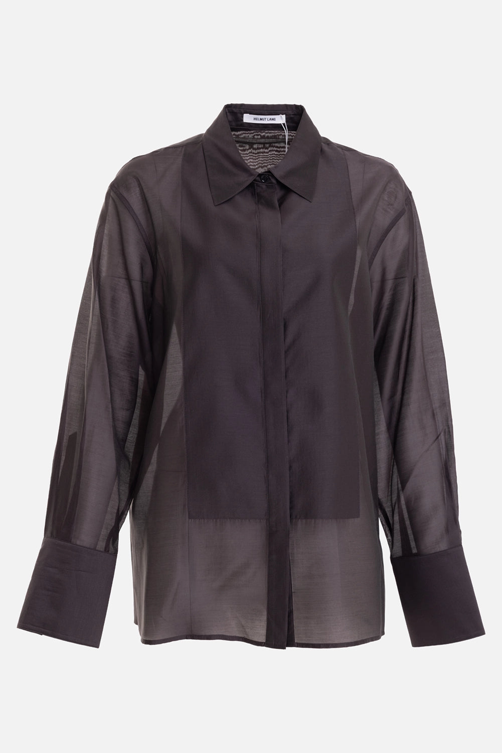 Helmut Lang women’s sheer shirt in bistre, front view, tuxedo bib and broad cuffs