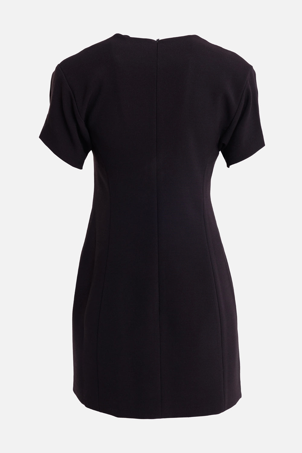 Des Phemmes women's black mini dress, back view with short sleeves, shaped seams and concealed rear zip