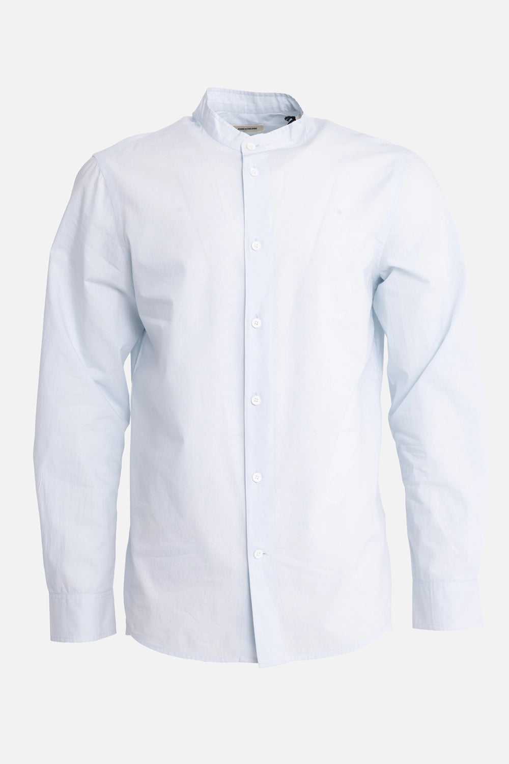 Zadig&Voltaire men's shirt in baby blue, front view, mandarin collar and white button closure
