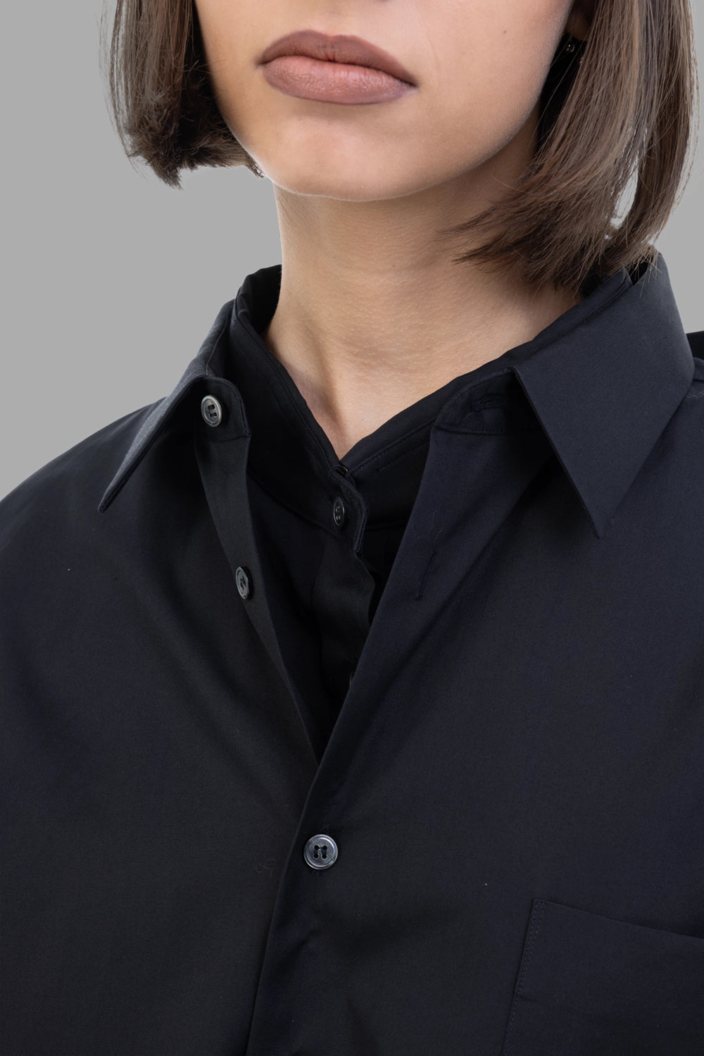 Comme des Garçons women black shirt, collar detail, double collar and inner placket.